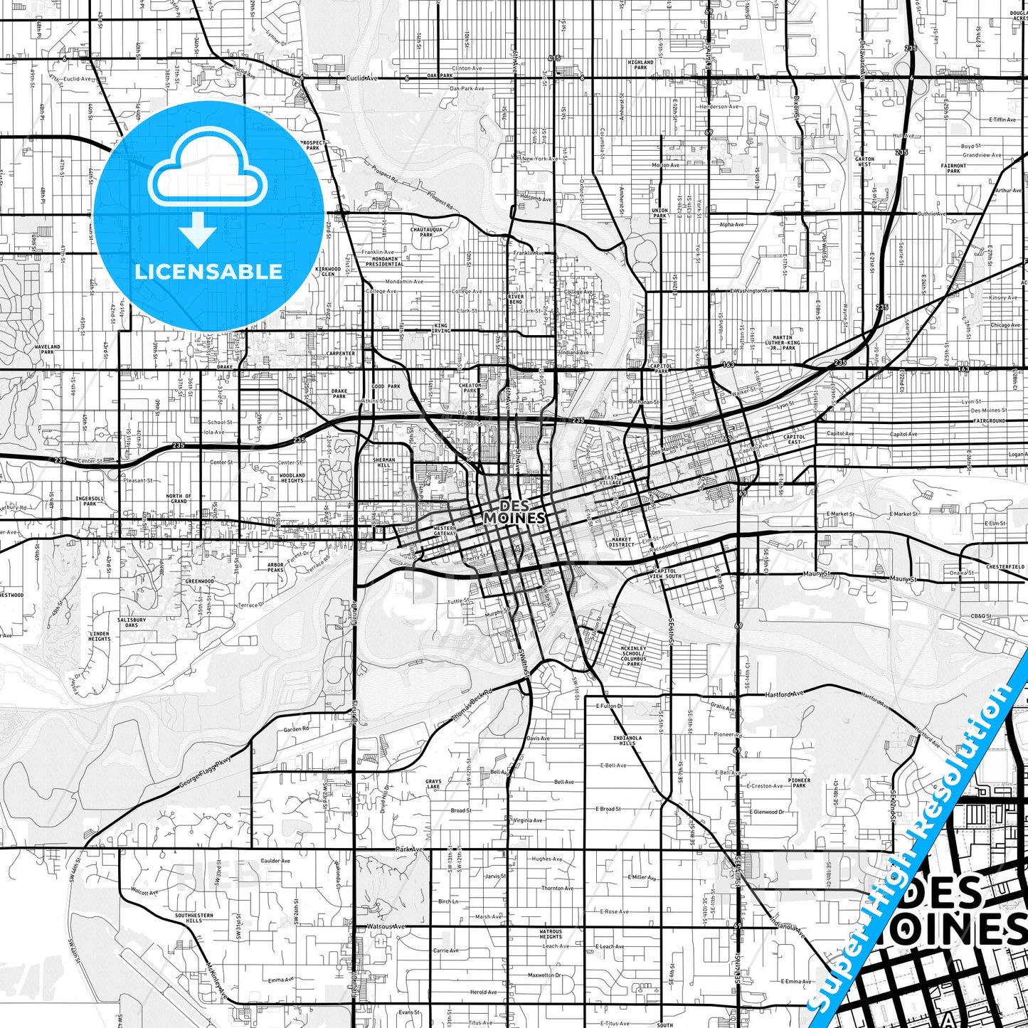 Des Moines, Iowa Light Map with Street Names, City Names, and Districts