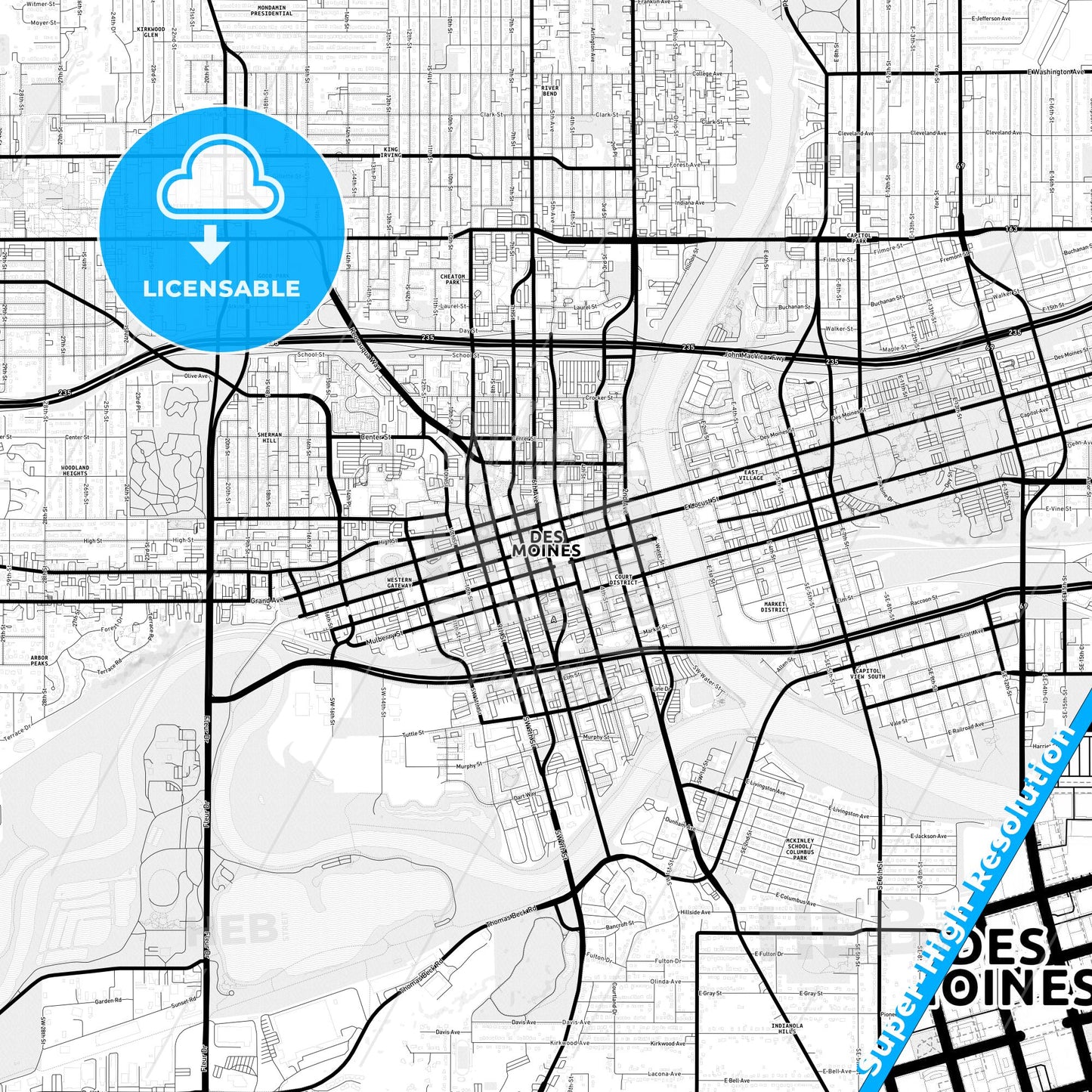 Des Moines, Iowa Light Map with Street Names, City Names, and Districts