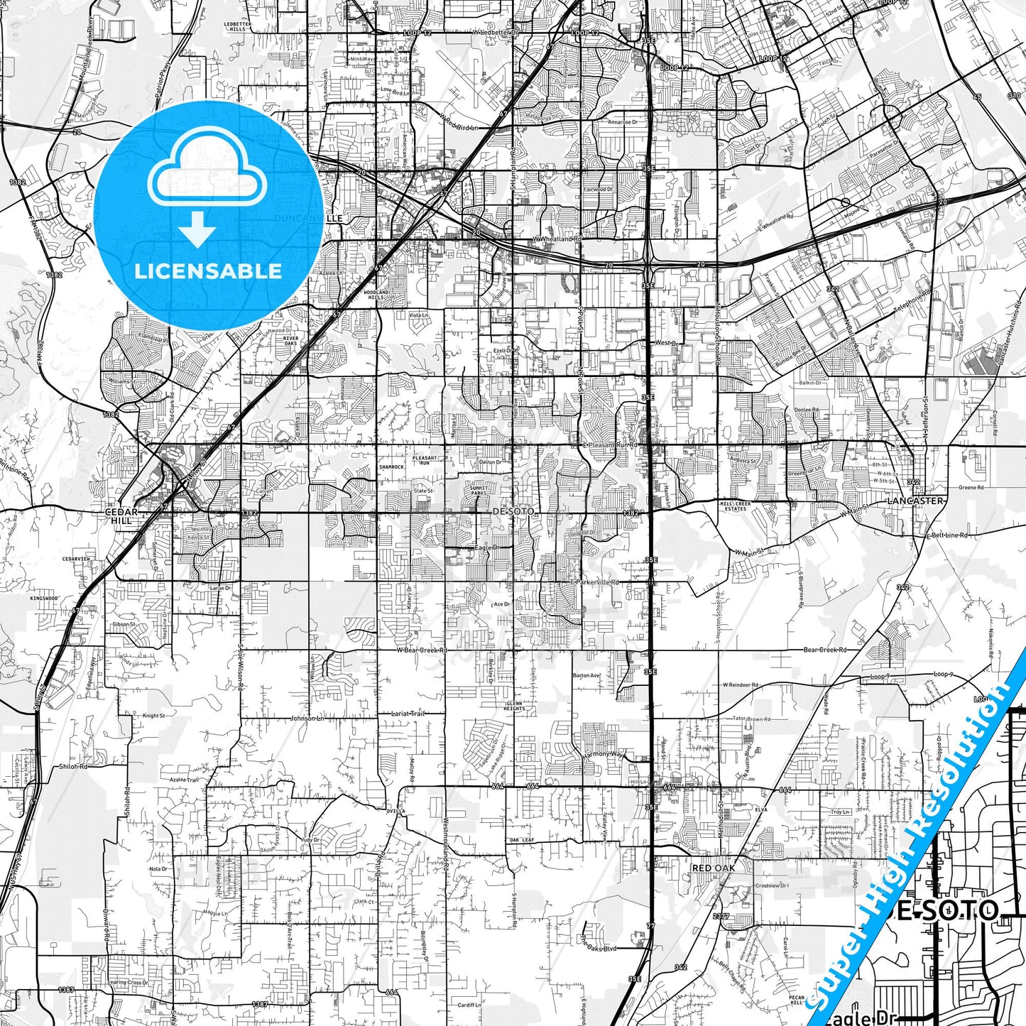 DeSoto, Texas light map with streetnames, citynames and districts