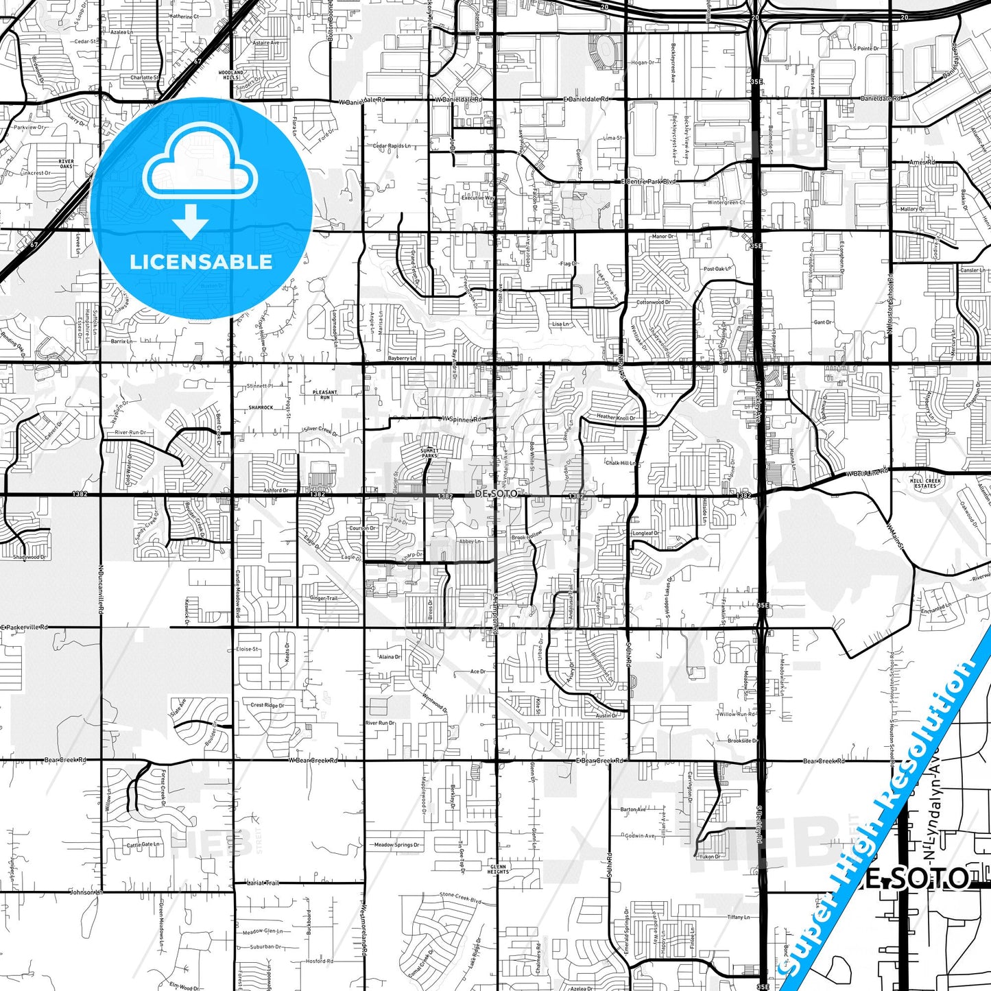 DeSoto, Texas Light Map with Street Names, City Names, and Districts