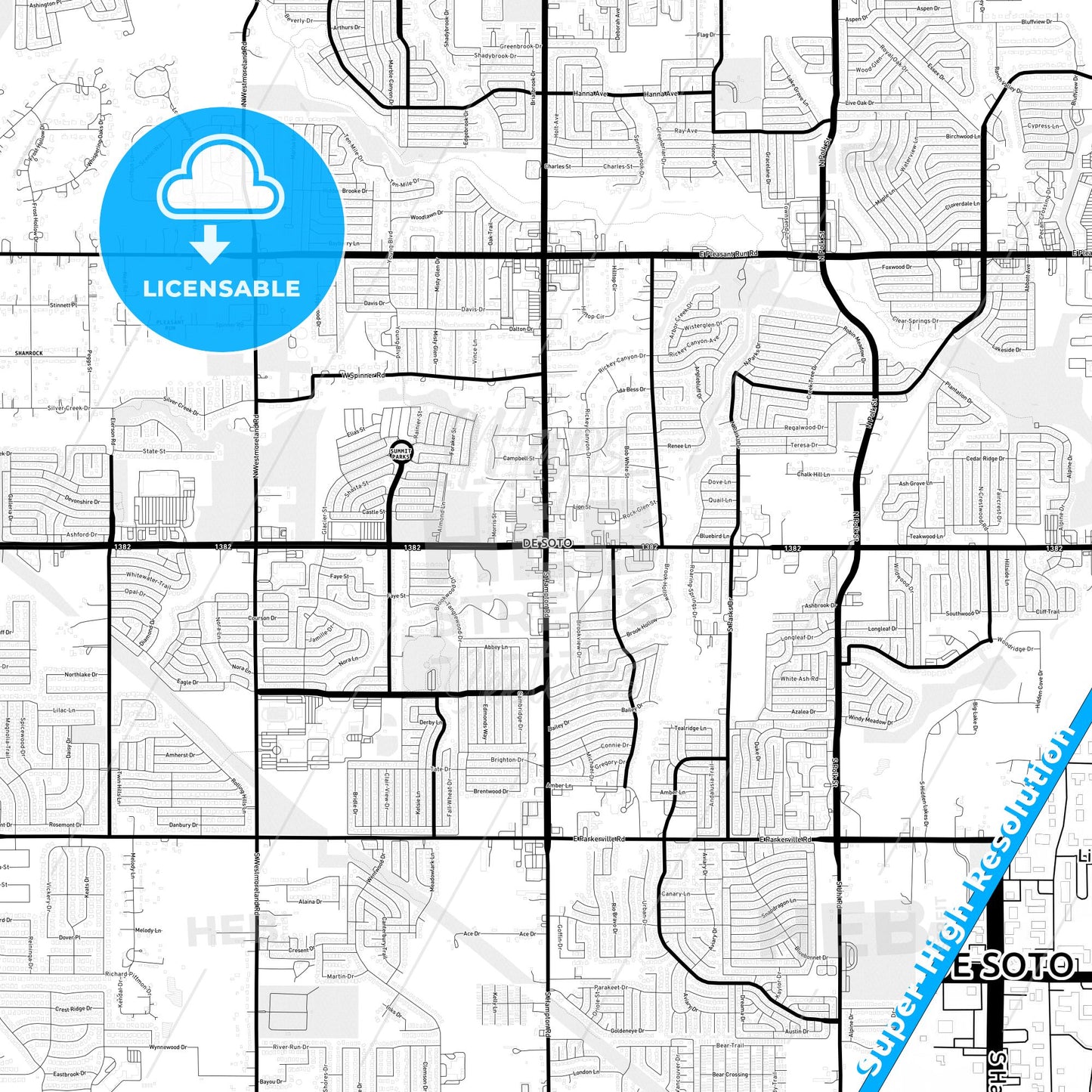 DeSoto, Texas Light Map with Street Names, City Names, and Districts