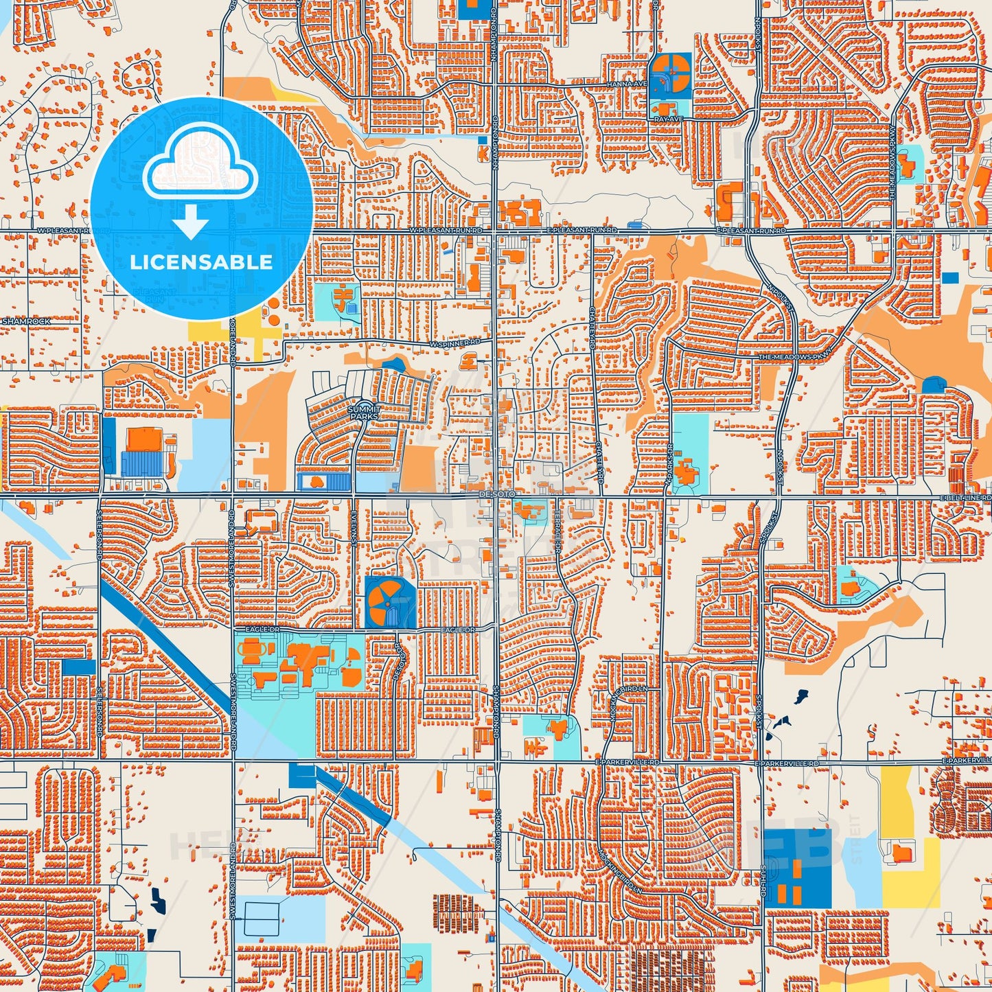 Colorful DeSoto Street Map with Labels and Buildings