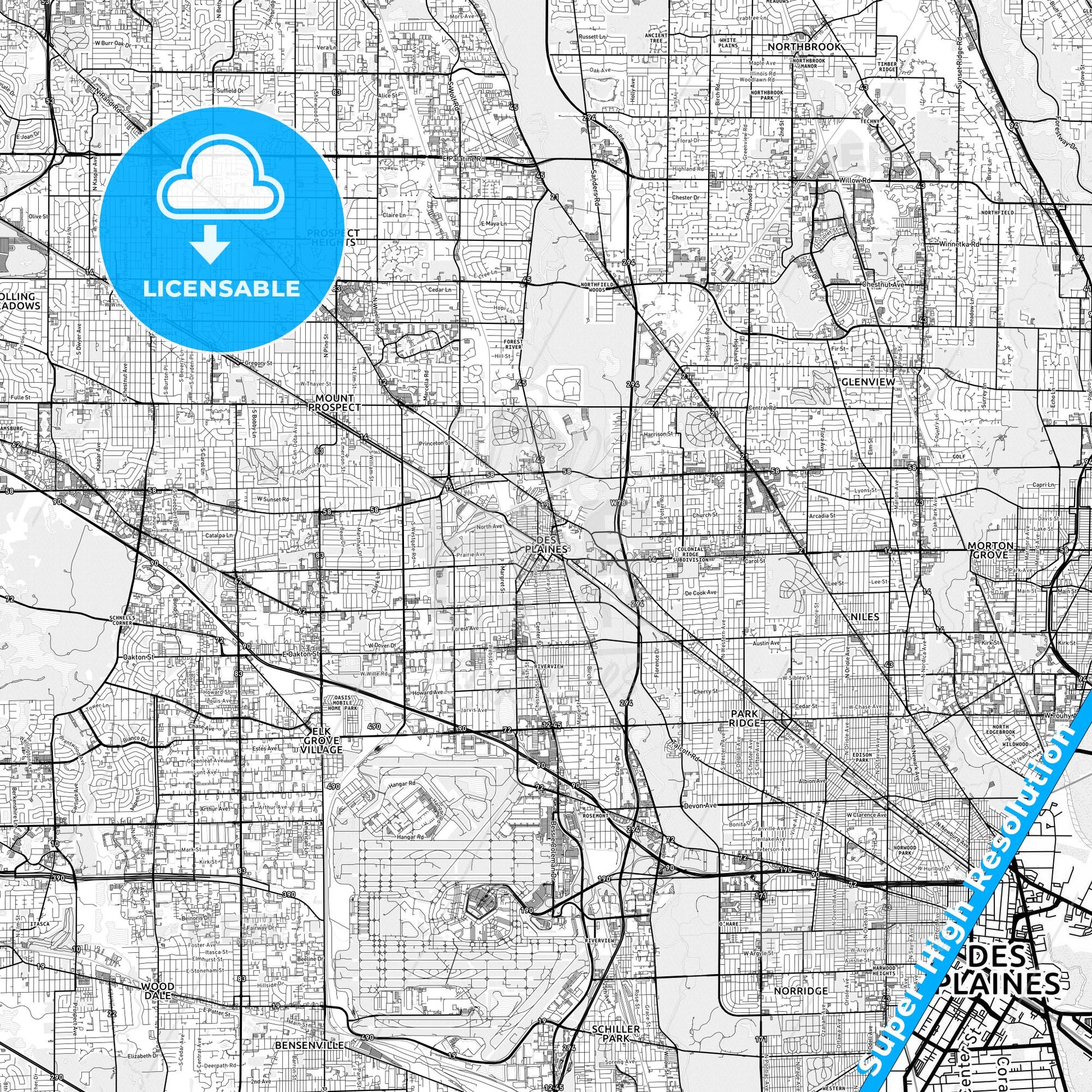 Des Plaines, Illinois light map with streetnames, citynames and districts