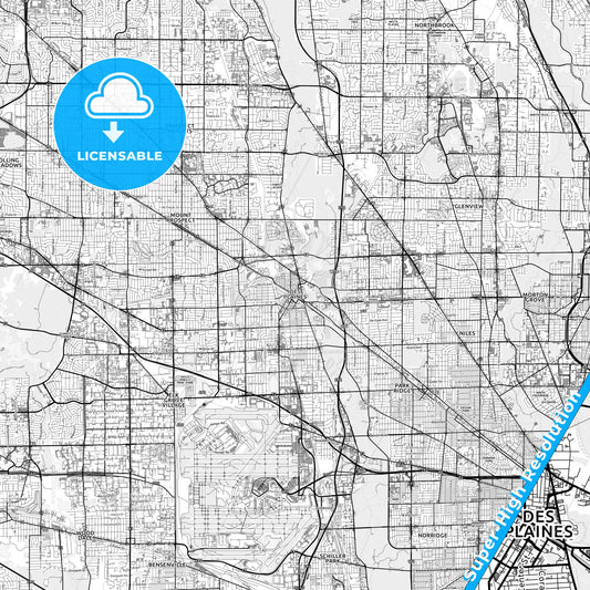 Des Plaines, Illinois light map with streetnames, citynames and districts