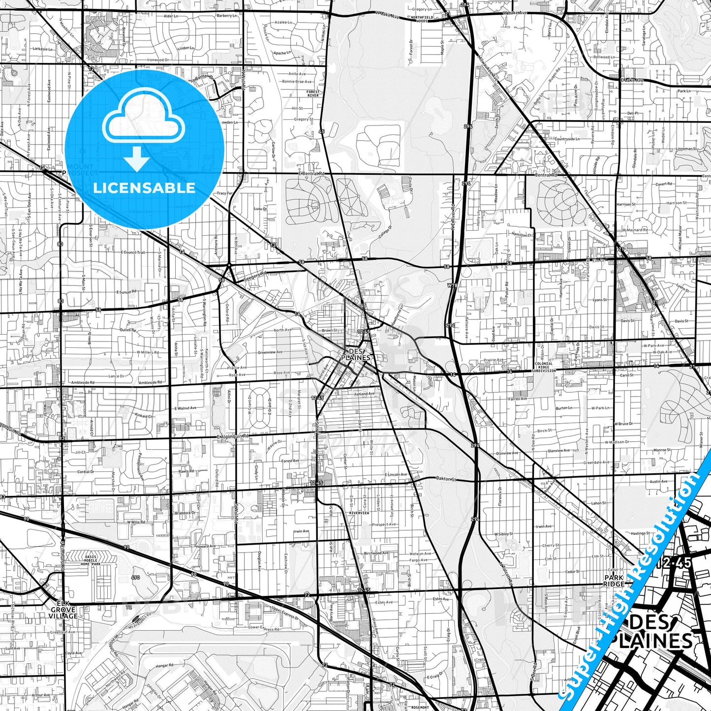 Des Plaines, Illinois Light Map with Street Names, City Names, and Districts