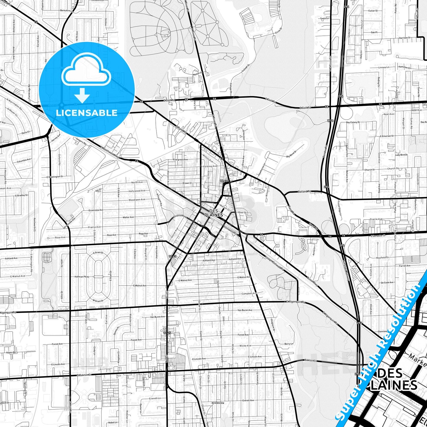 Des Plaines, Illinois Light Map with Street Names, City Names, and Districts