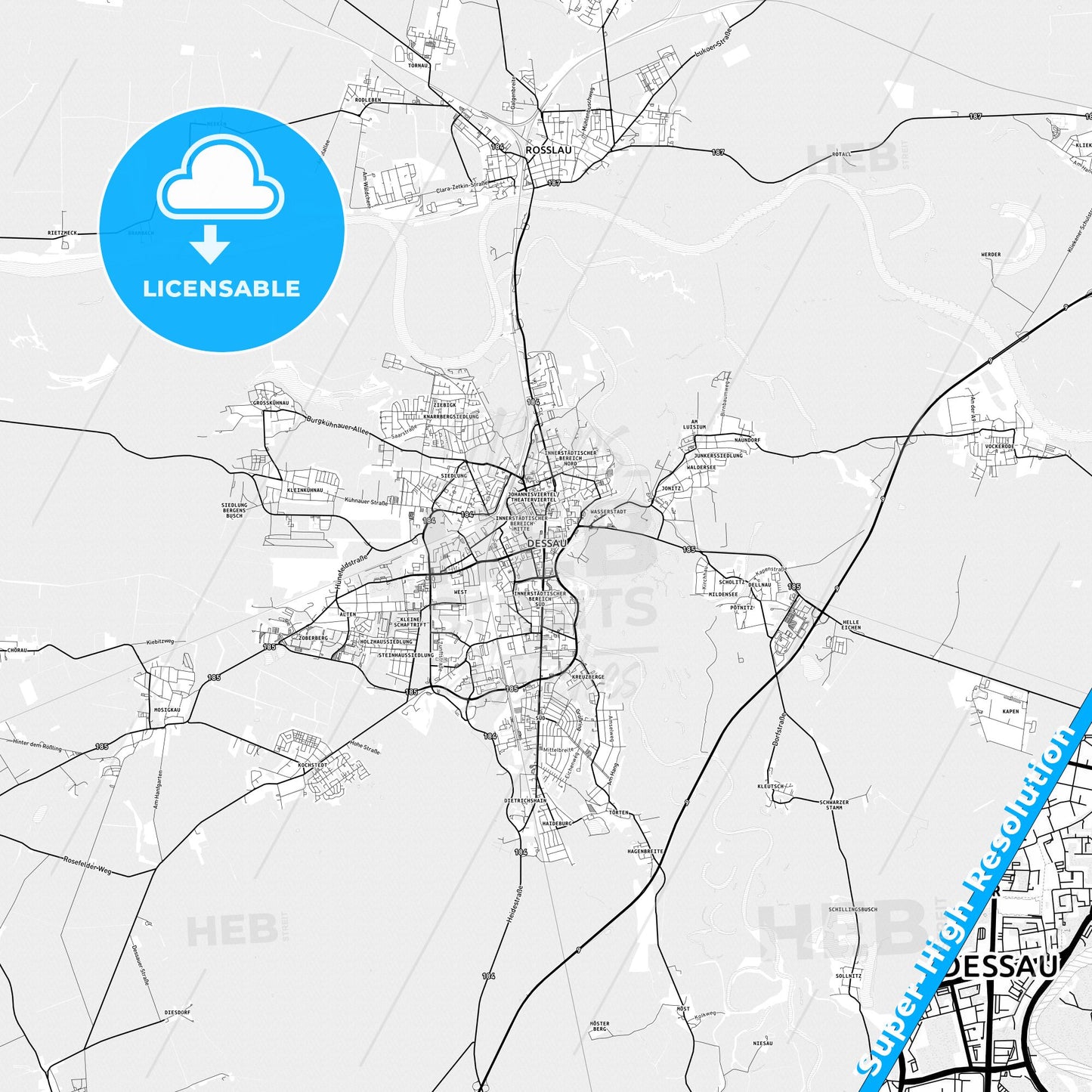 Dessau-Roßlau, Germany light map with streetnames, citynames and districts
