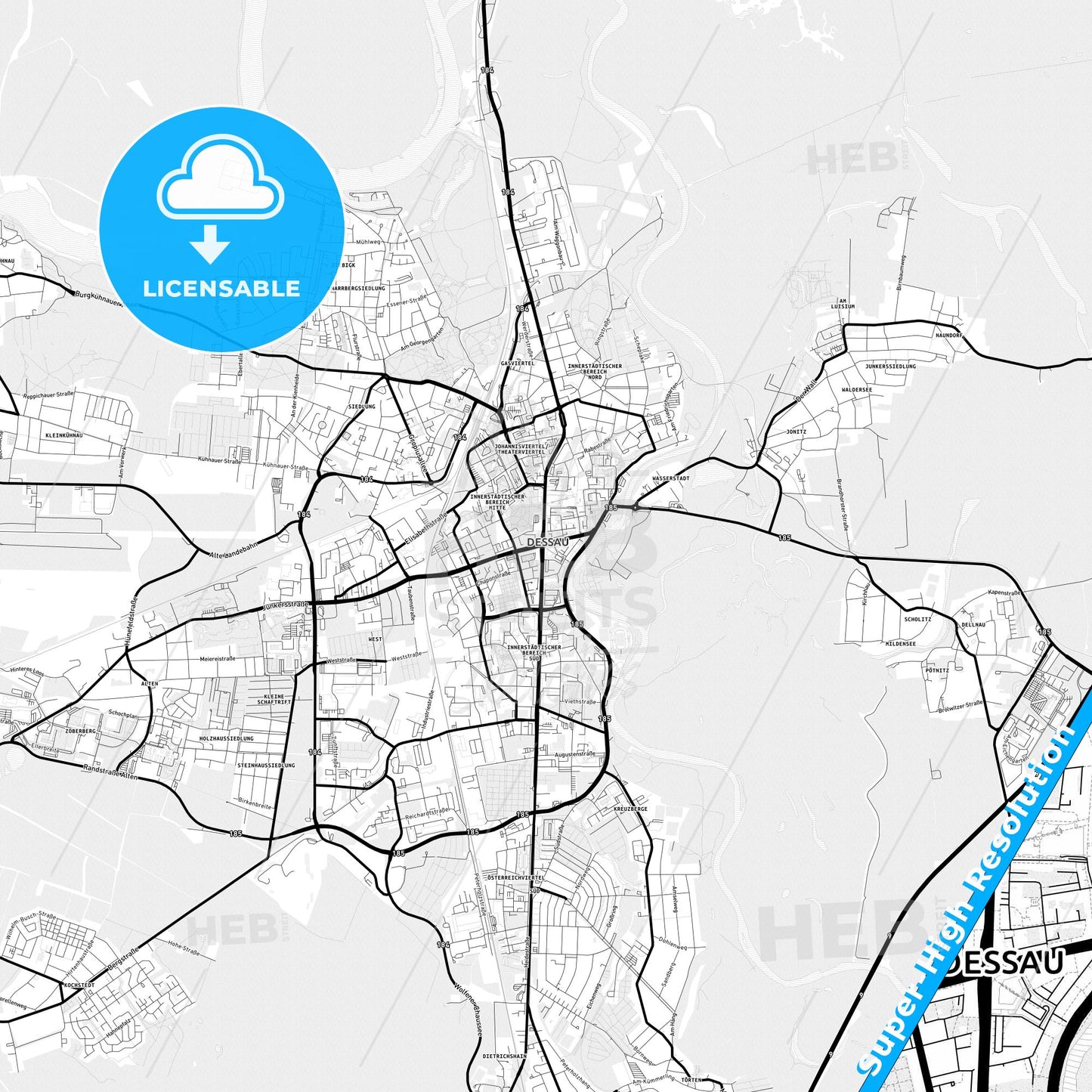Dessau-Roßlau, Germany Light Map with Street Names, City Names, and Districts