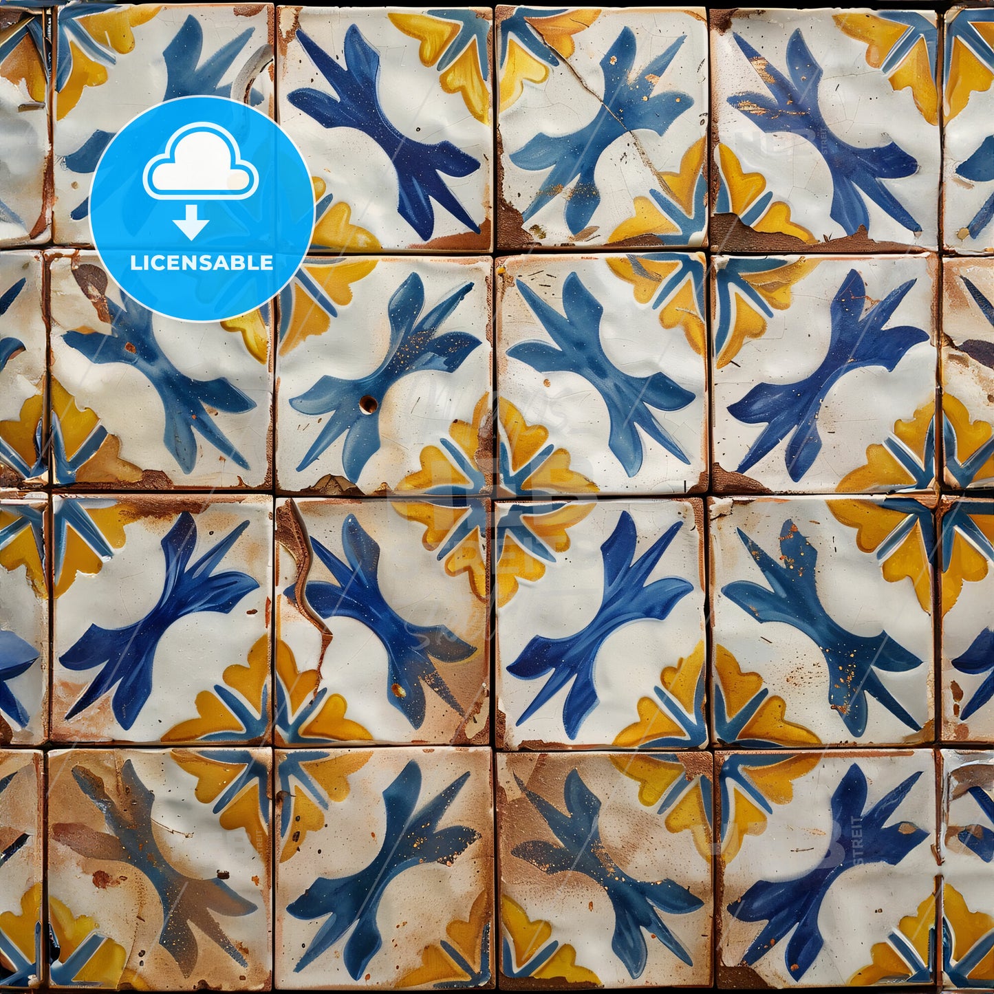 A Wall Of Tiles With Blue And Yellow Designs