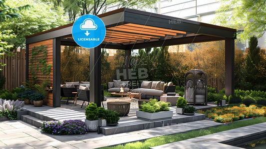 Modern Pergola Sketch With Aluminum Supports Wooden Purlins Over Patio Art Vibrant Painting