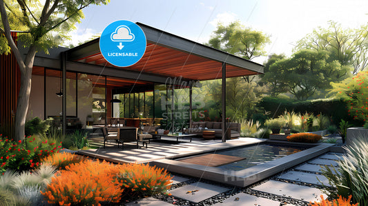 Modern Aluminum Pergola with Wood Purlin Sketch over Patio and Pool Vibrant Painting Art