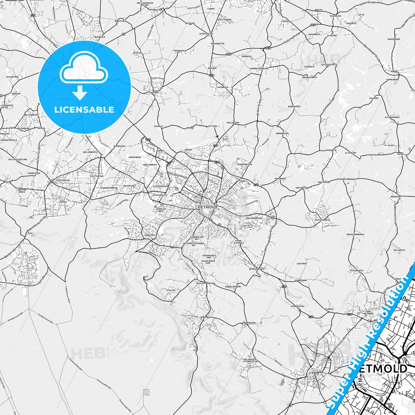 Detmold, Germany light map with streetnames, citynames and districts