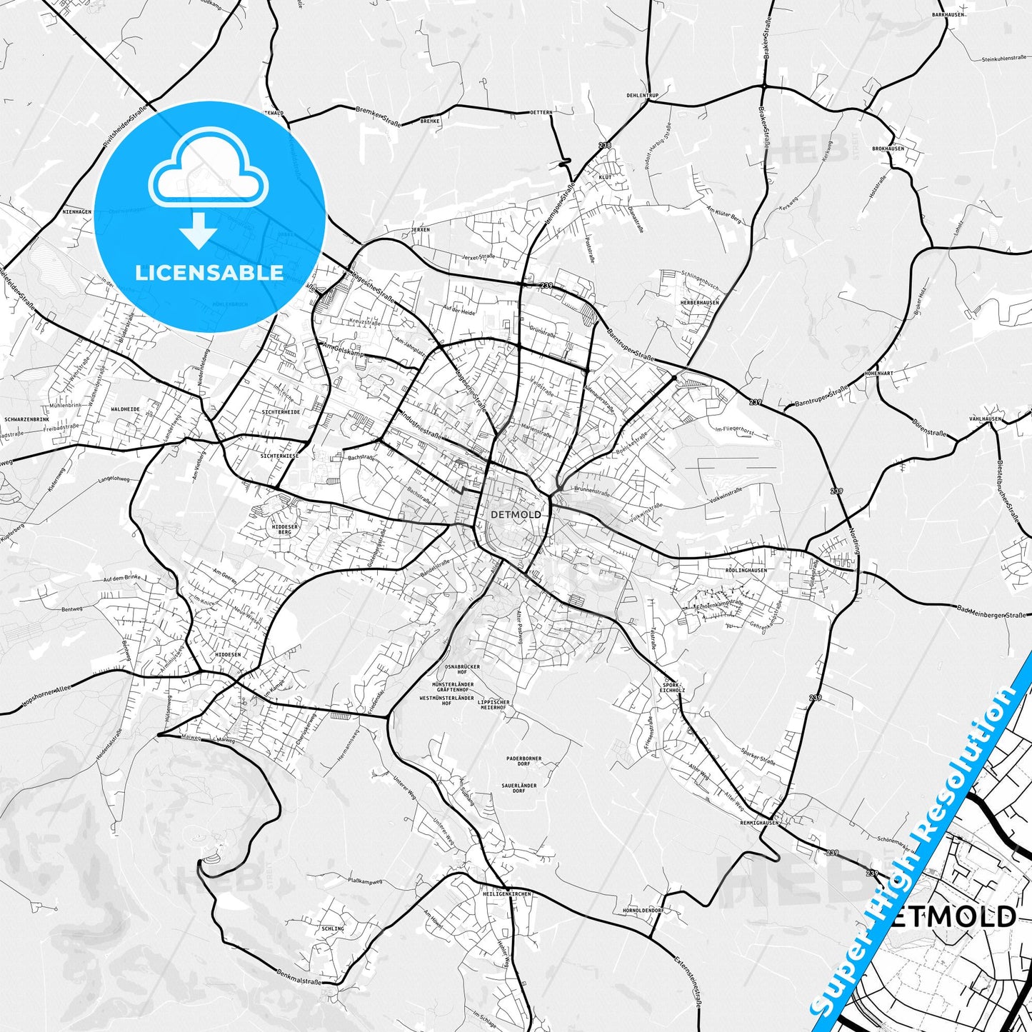Detmold, Germany Light Map with Street Names, City Names, and Districts