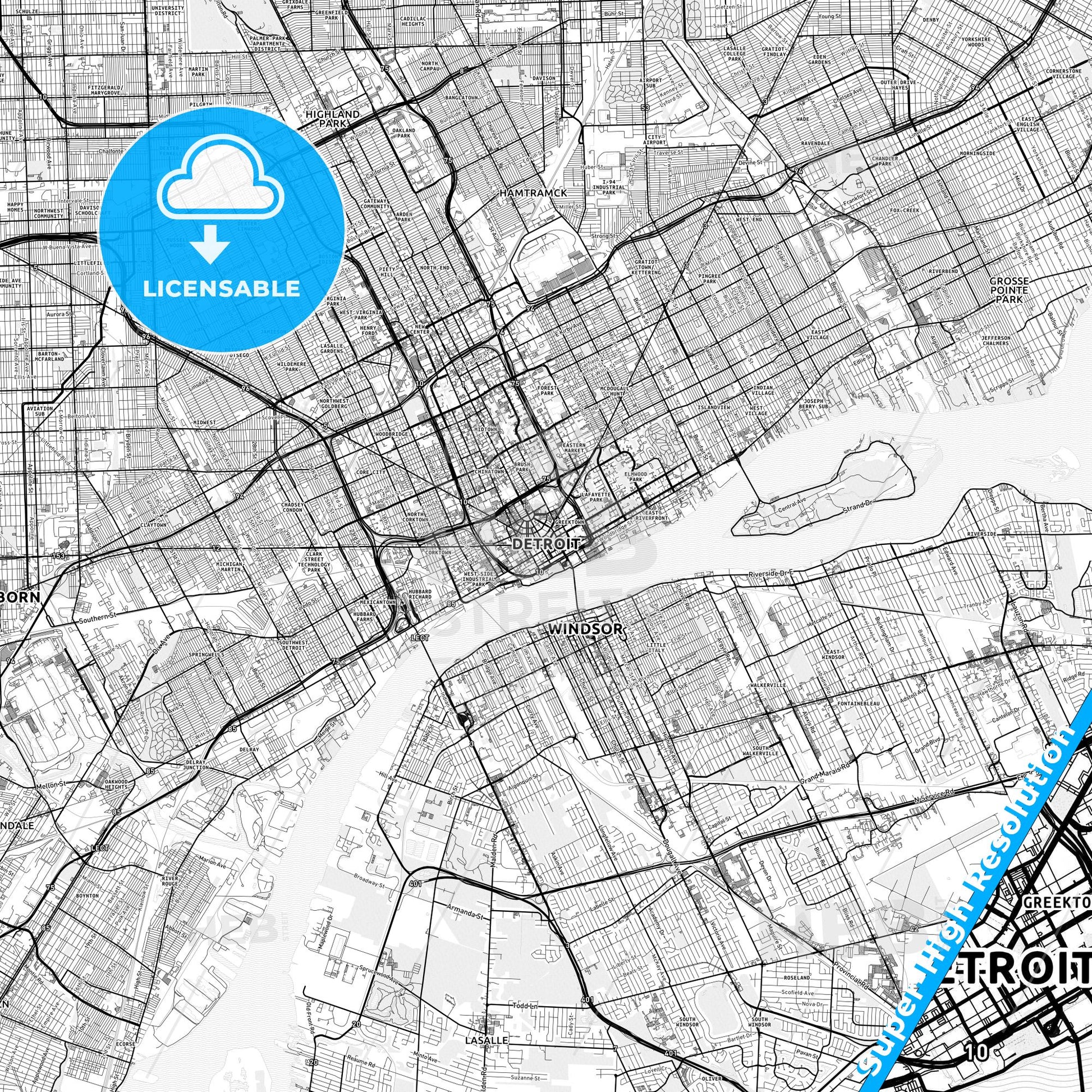Detroit, Michigan light map with streetnames, citynames and districts