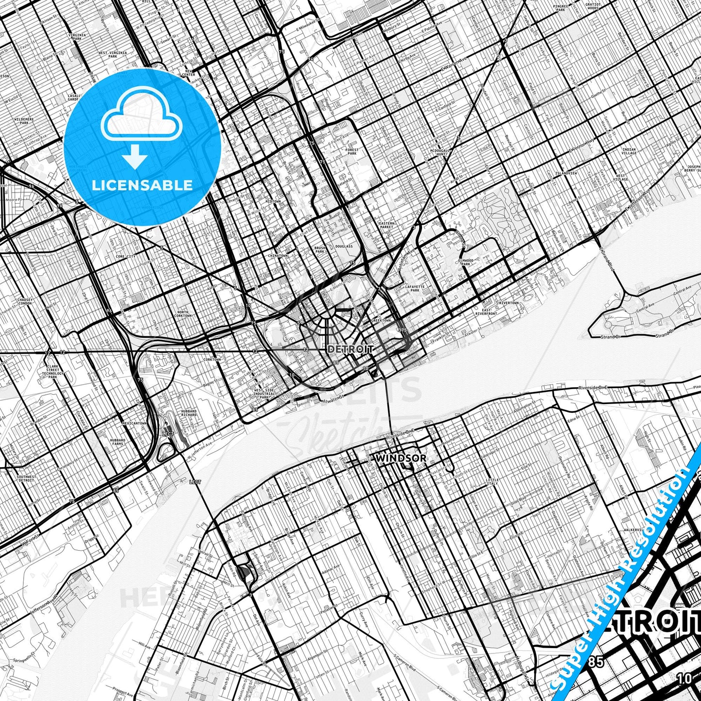 Detroit, Michigan Light Map with Street Names, City Names, and Districts