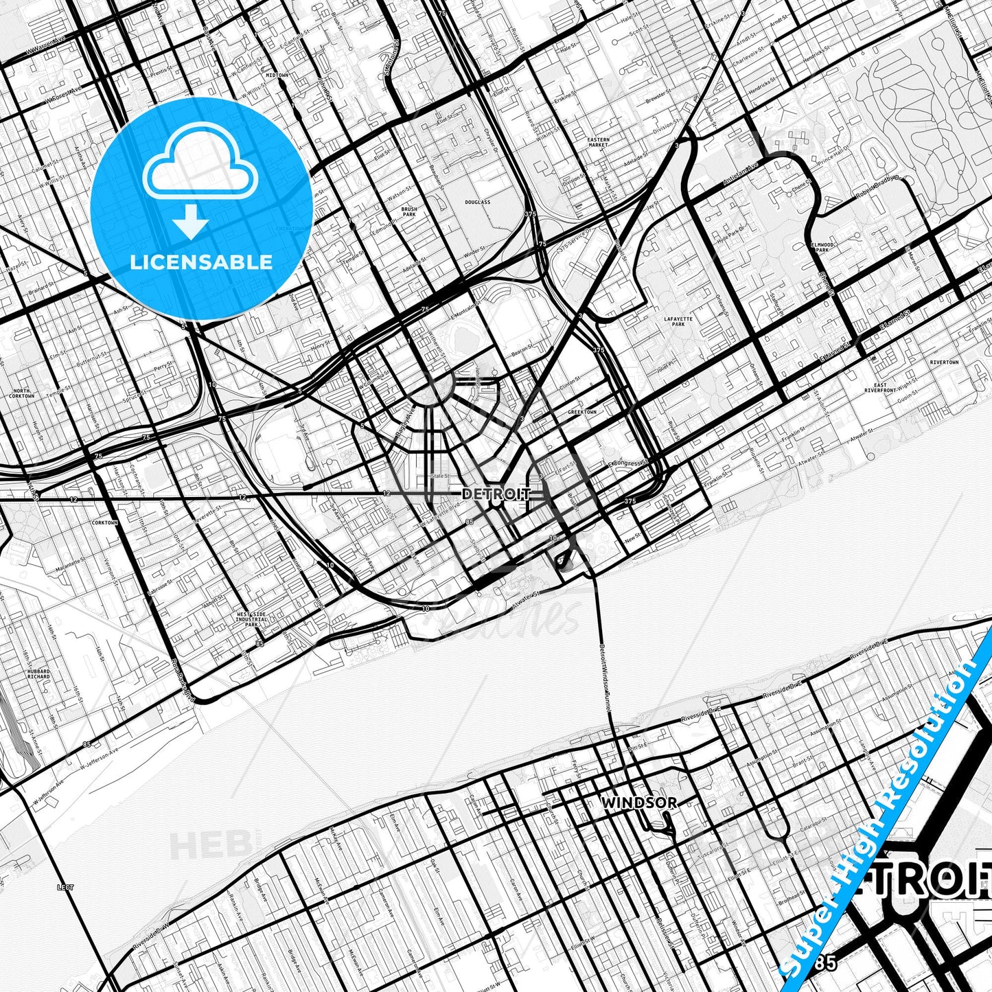 Detroit, Michigan Light Map with Street Names, City Names, and Districts