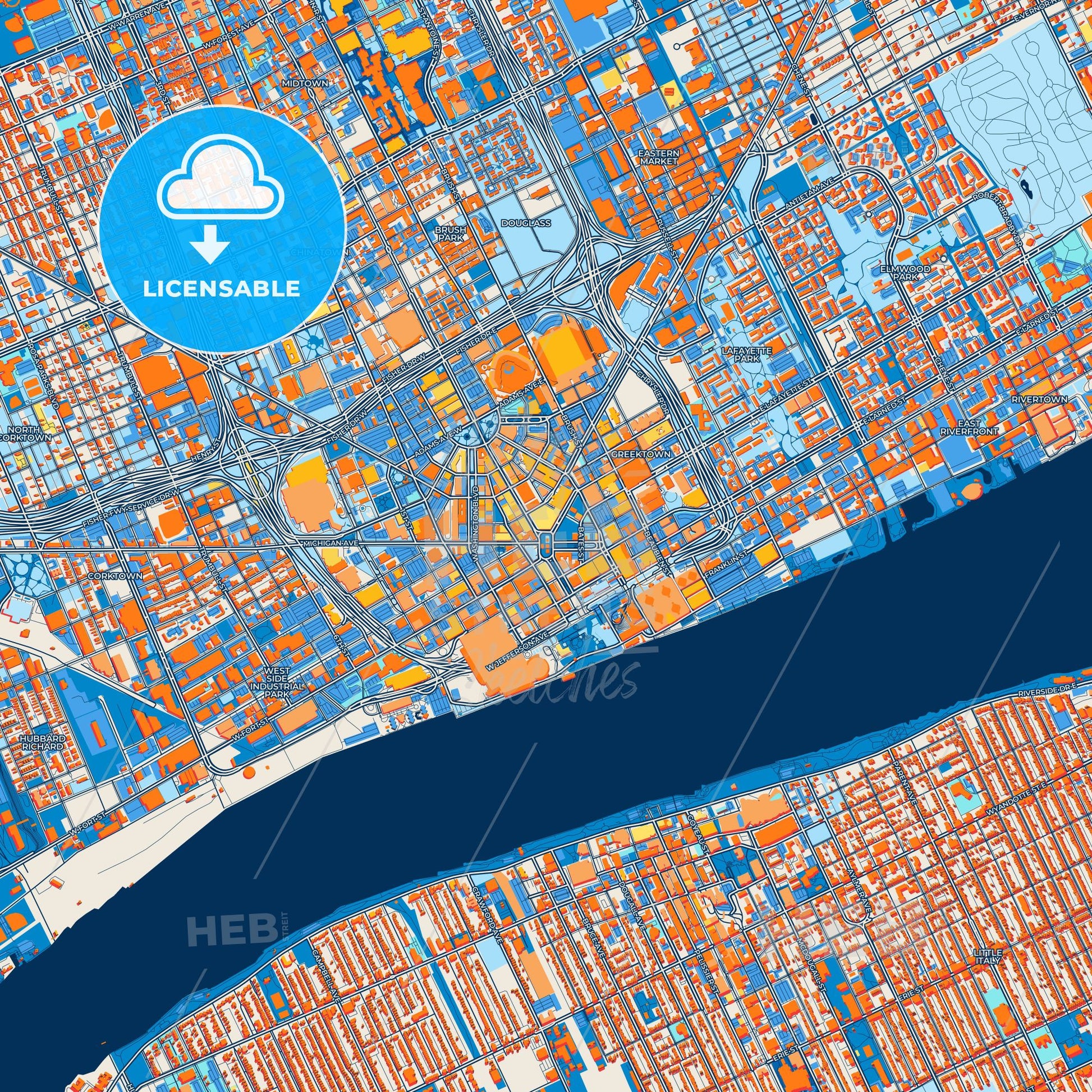 Colorful Detroit Street Map with Labels and Buildings