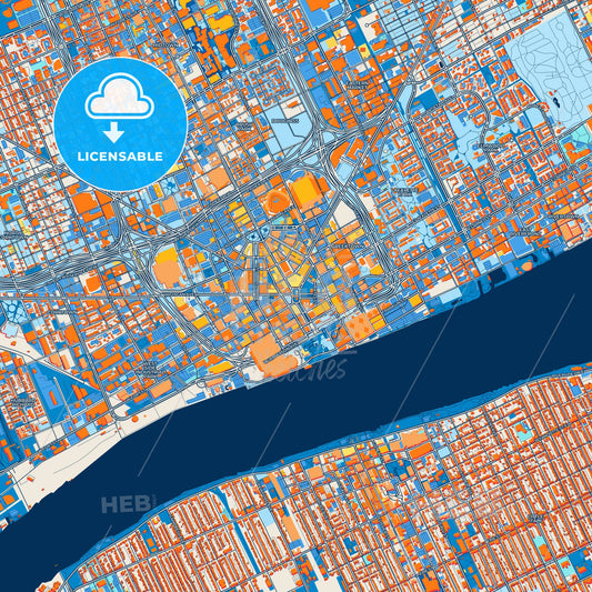 Colorful Detroit Street Map with Labels and Buildings