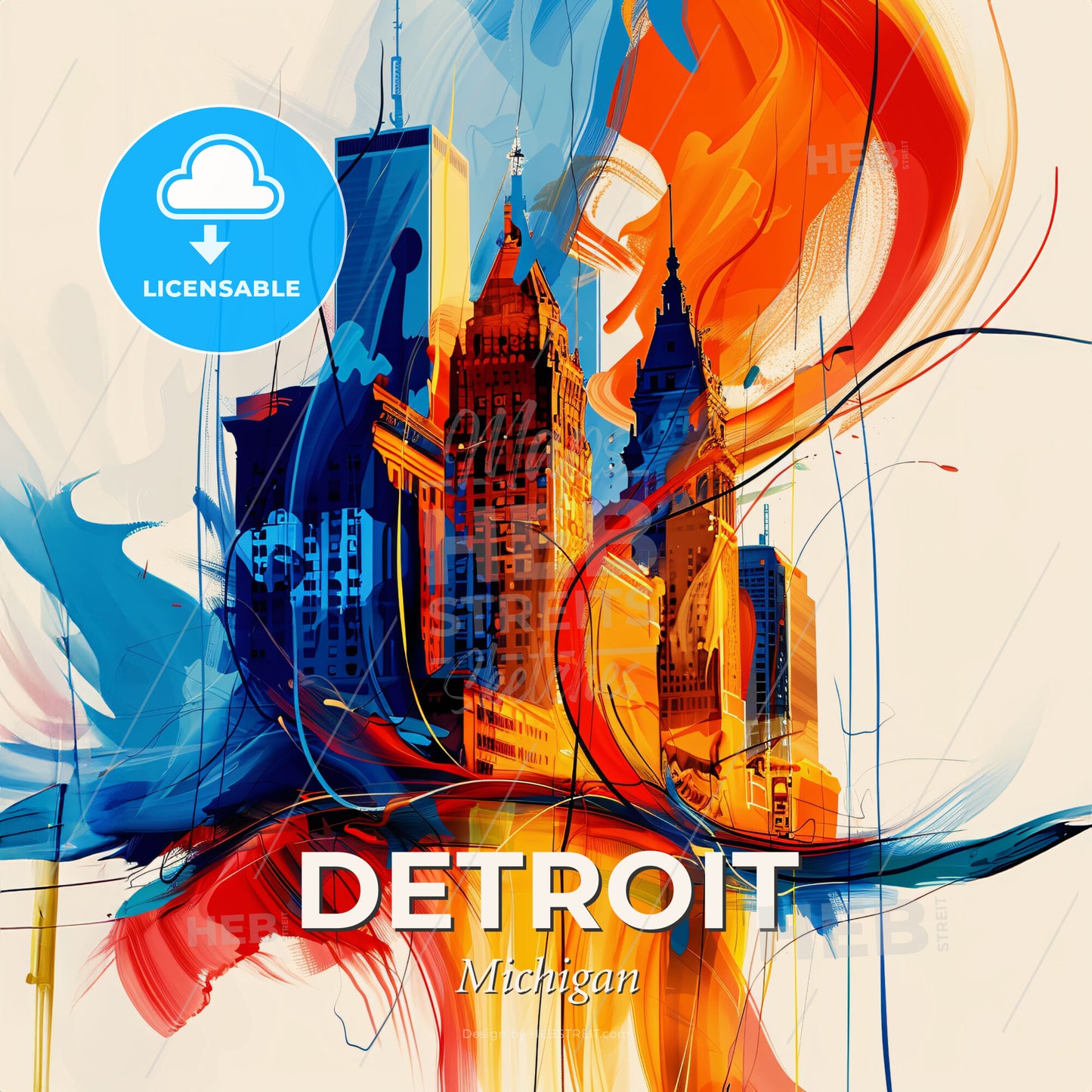 Vibrant Detroit, Michigan - A Colorful Painting Of A City - Square format print template