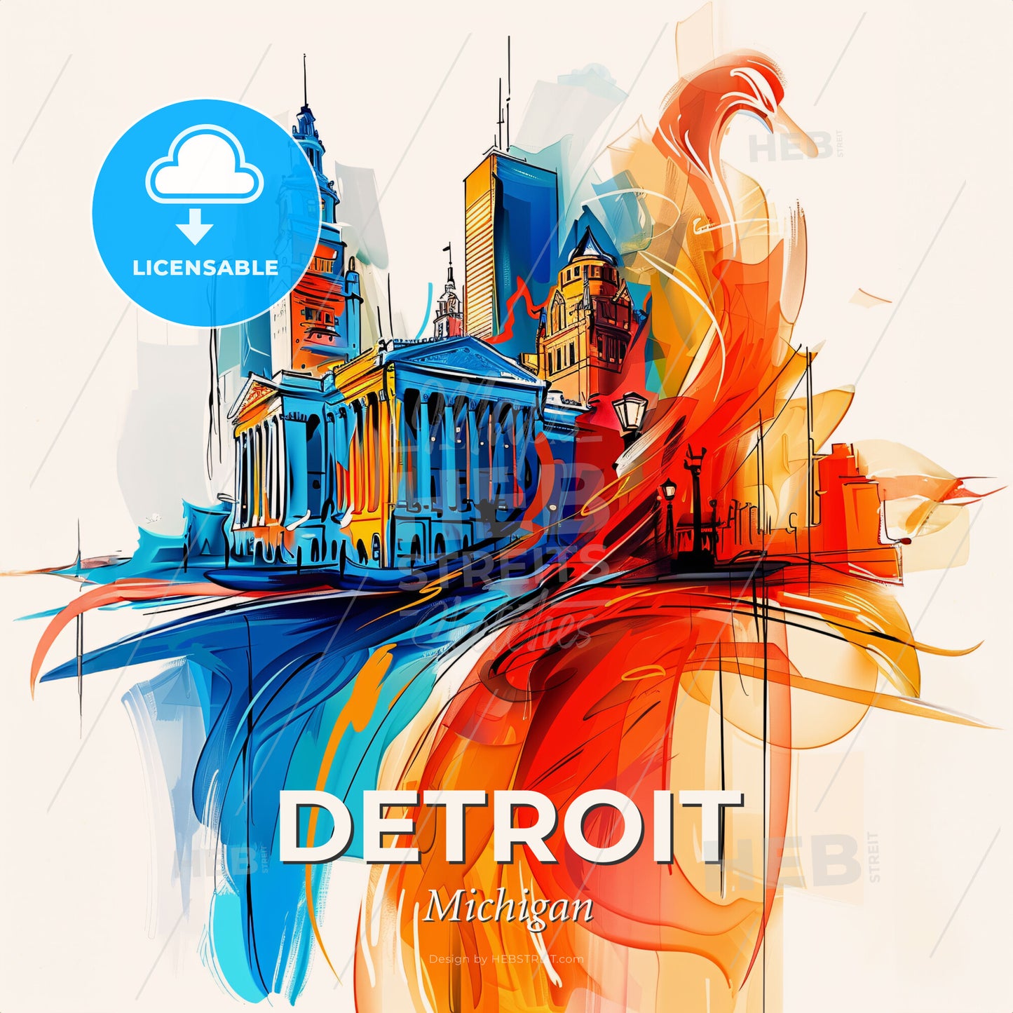 Vibrant Detroit, Michigan - A Colorful Drawing Of A City - Square format print template