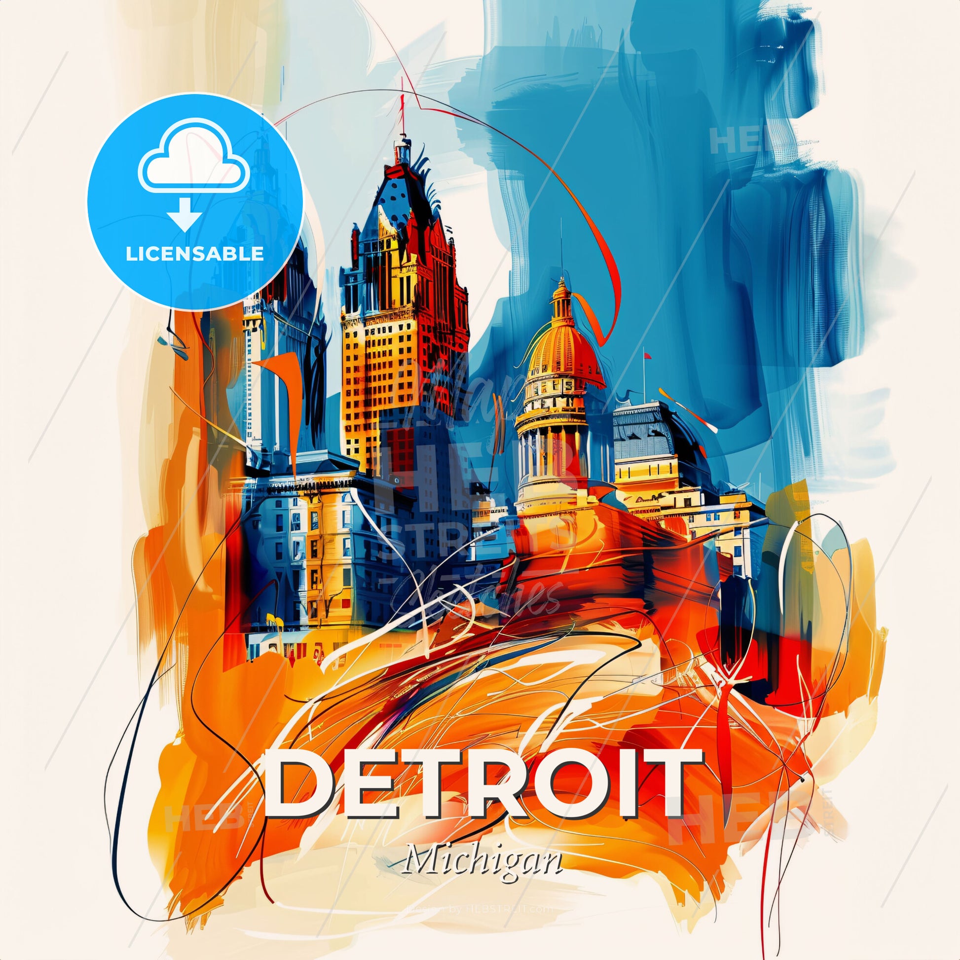 Vibrant Detroit, Michigan - A Painting Of A City - Square format print template