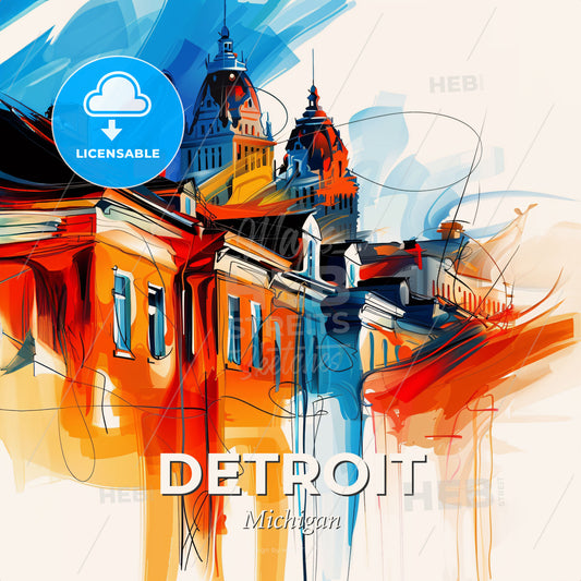 Vibrant Detroit, Michigan - A Painting Of Buildings With Towers And Roofs - Square format print template