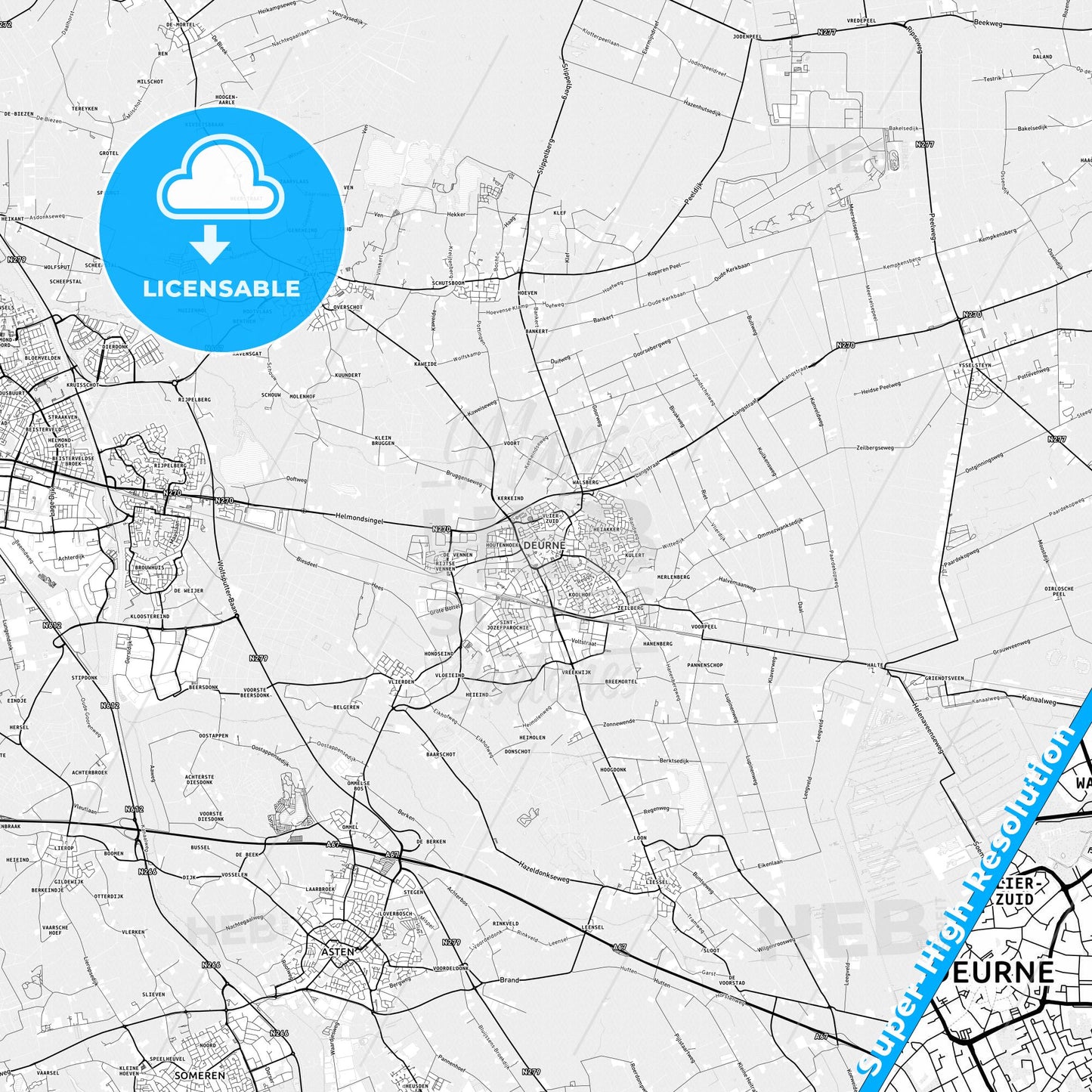 Deurne, Netherlands light map with streetnames, citynames and districts