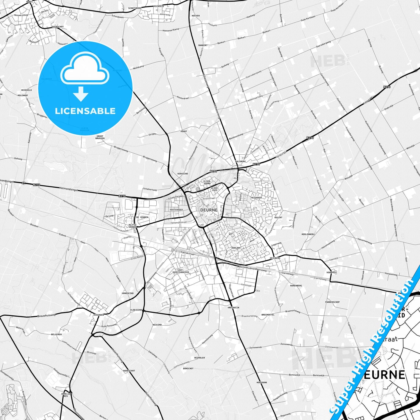 Deurne, Netherlands Light Map with Street Names, City Names, and Districts