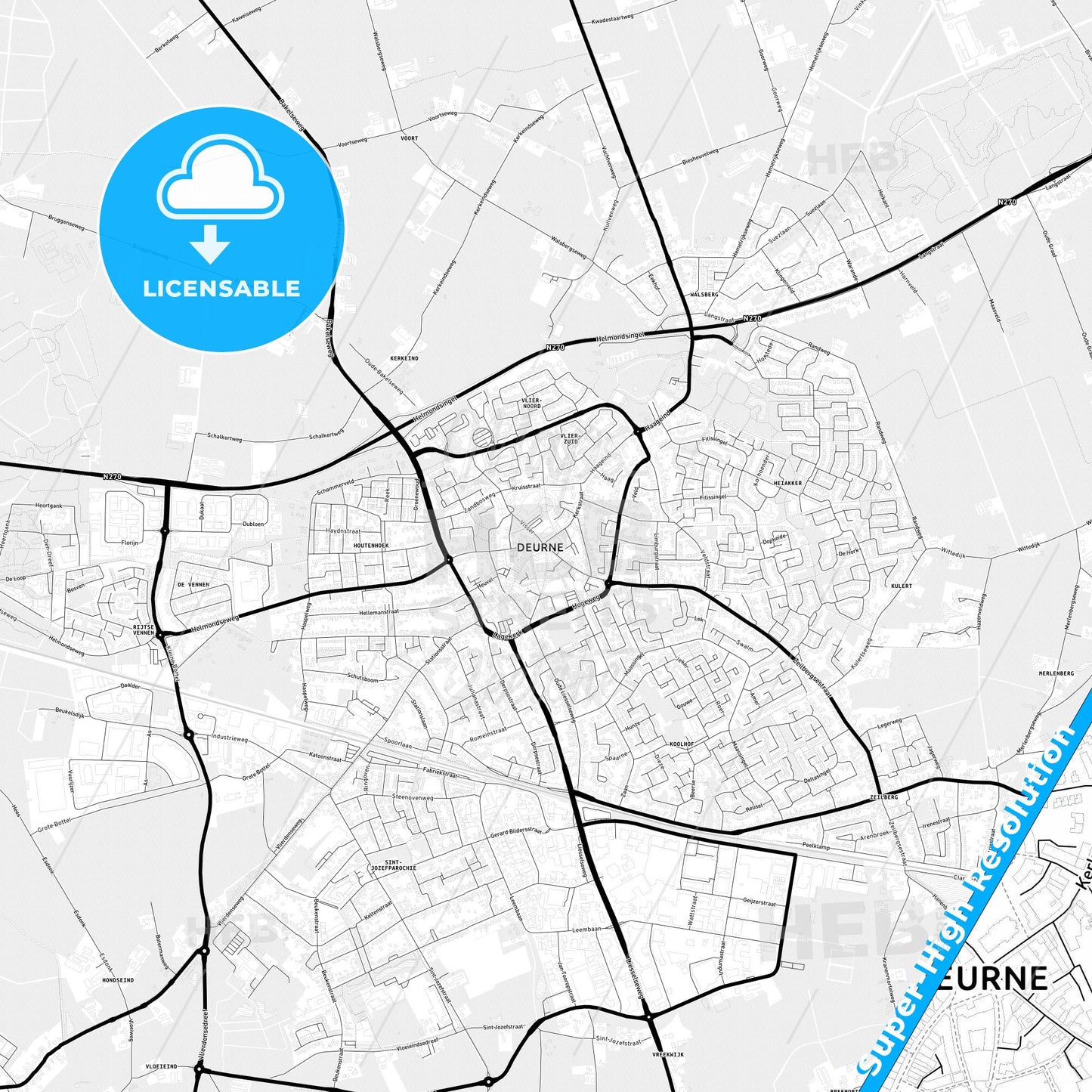 Deurne, Netherlands Light Map with Street Names, City Names, and Districts