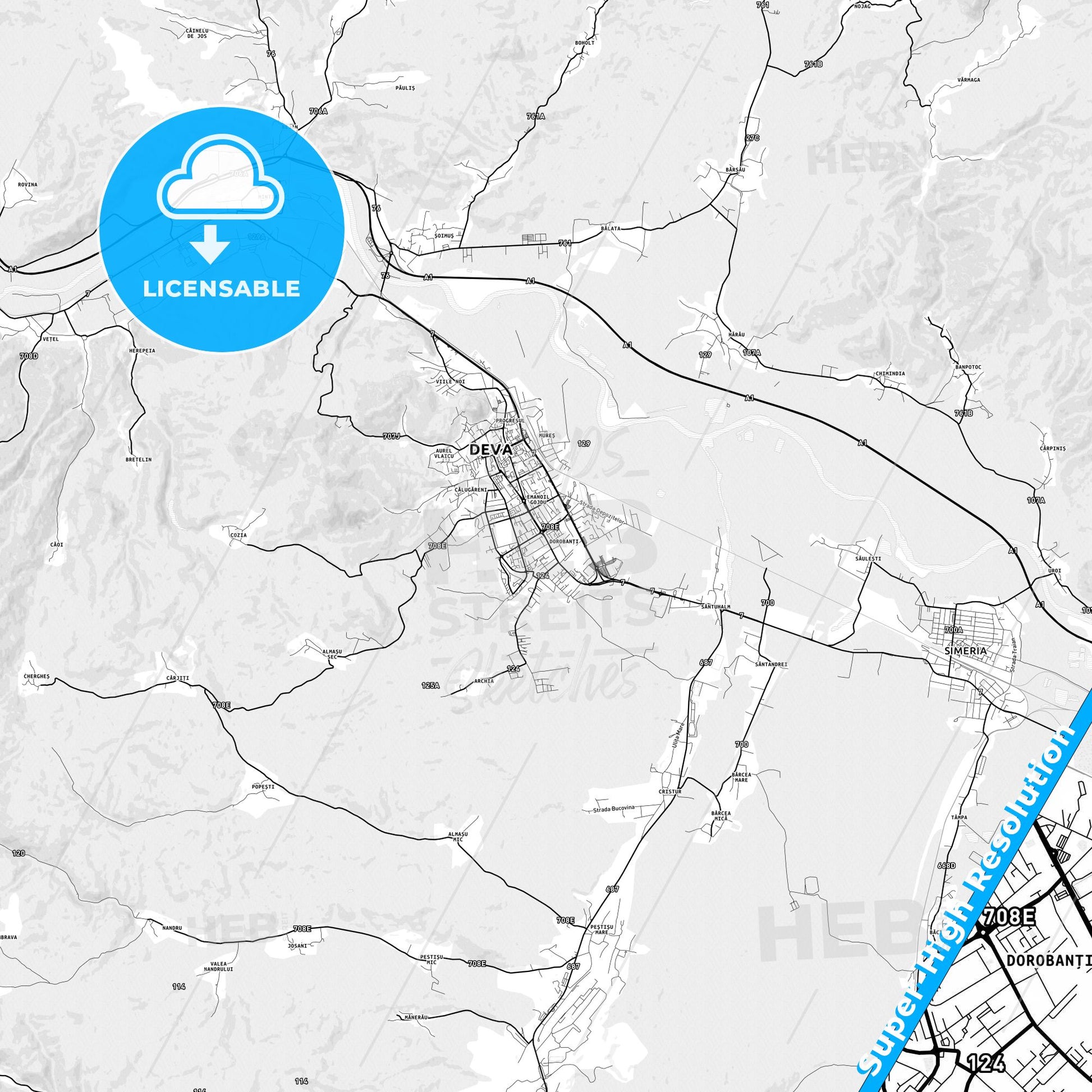 Deva, Romania light map with streetnames, citynames and districts