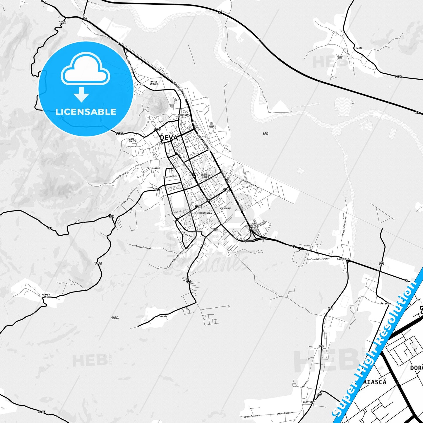 Deva, Romania Light Map with Street Names, City Names, and Districts