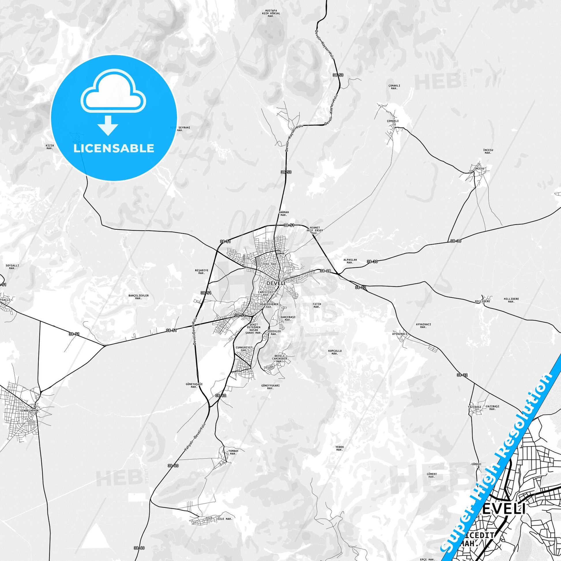 Develi, Turkey light map with streetnames, citynames and districts