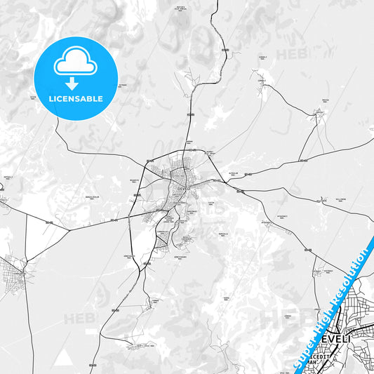 Develi, Turkey light map with streetnames, citynames and districts