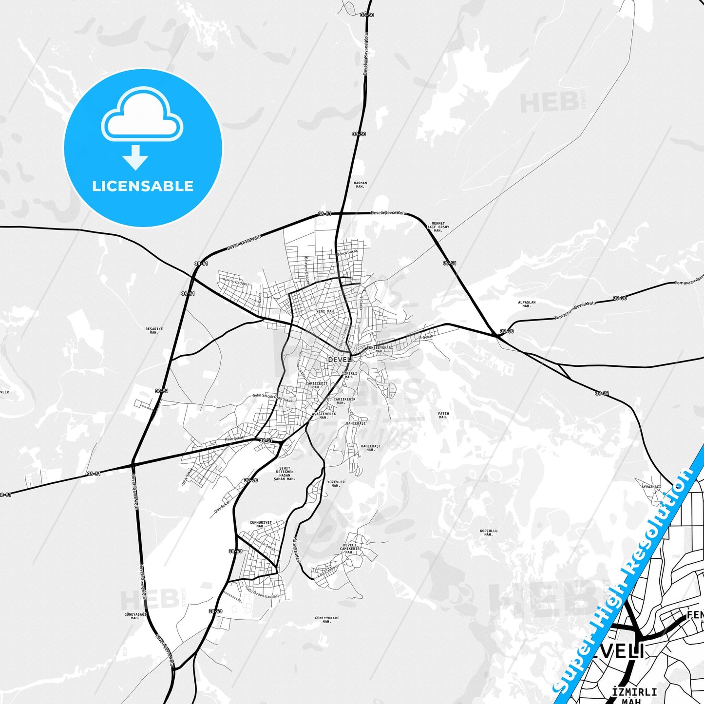 Develi, Turkey Light Map with Street Names, City Names, and Districts