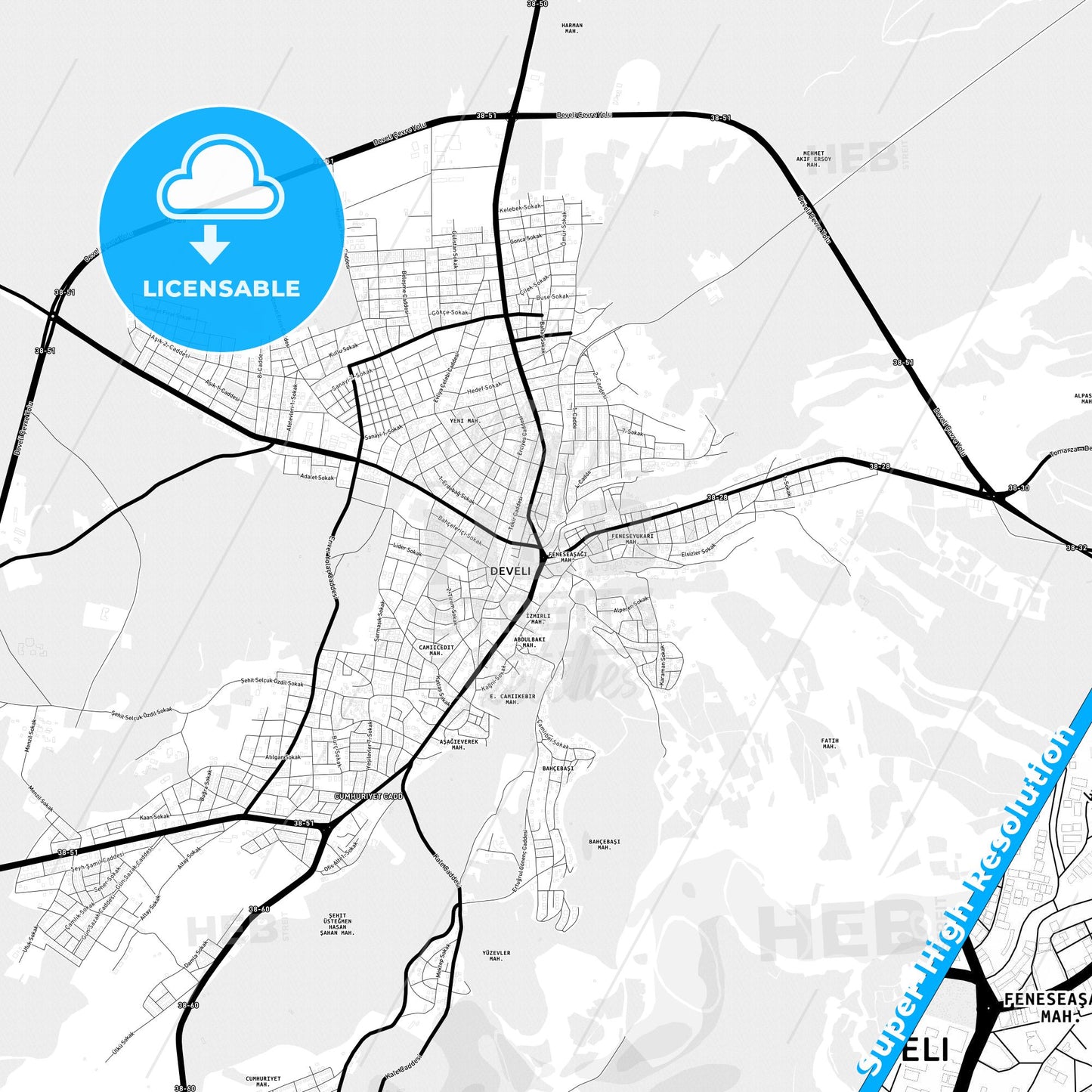 Develi, Turkey Light Map with Street Names, City Names, and Districts