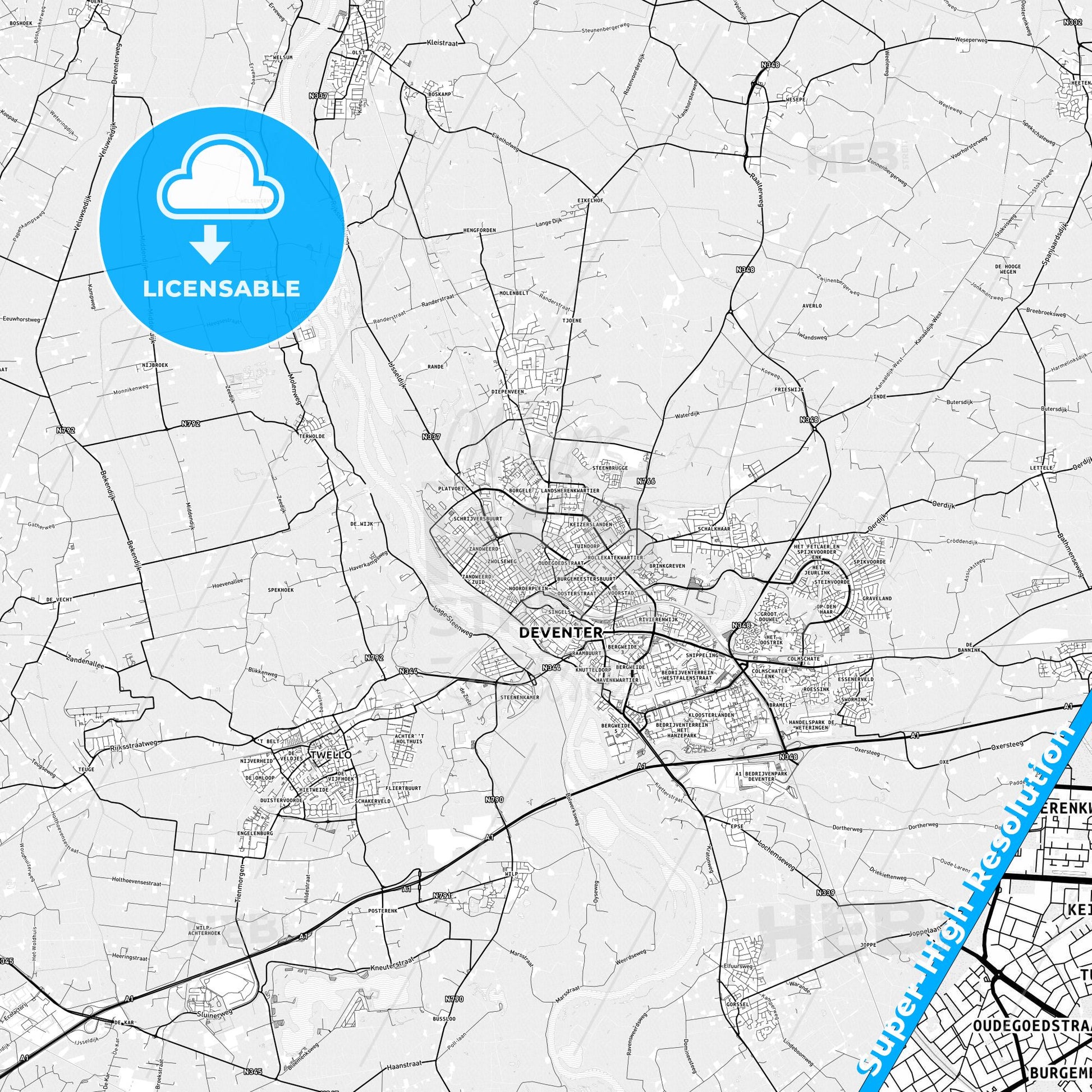 Deventer, Netherlands light map with streetnames, citynames and districts