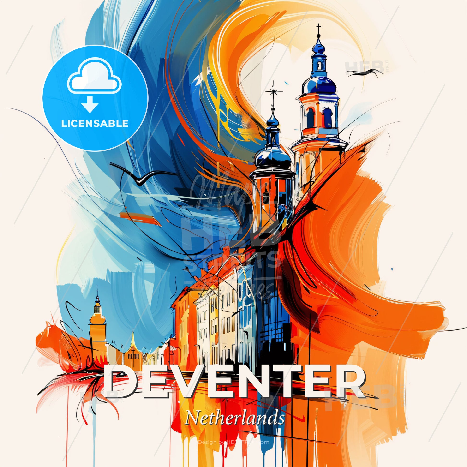 Vibrant Deventer, Netherlands - A Painting Of A Building With A Blue And Orange Background - Square format print template