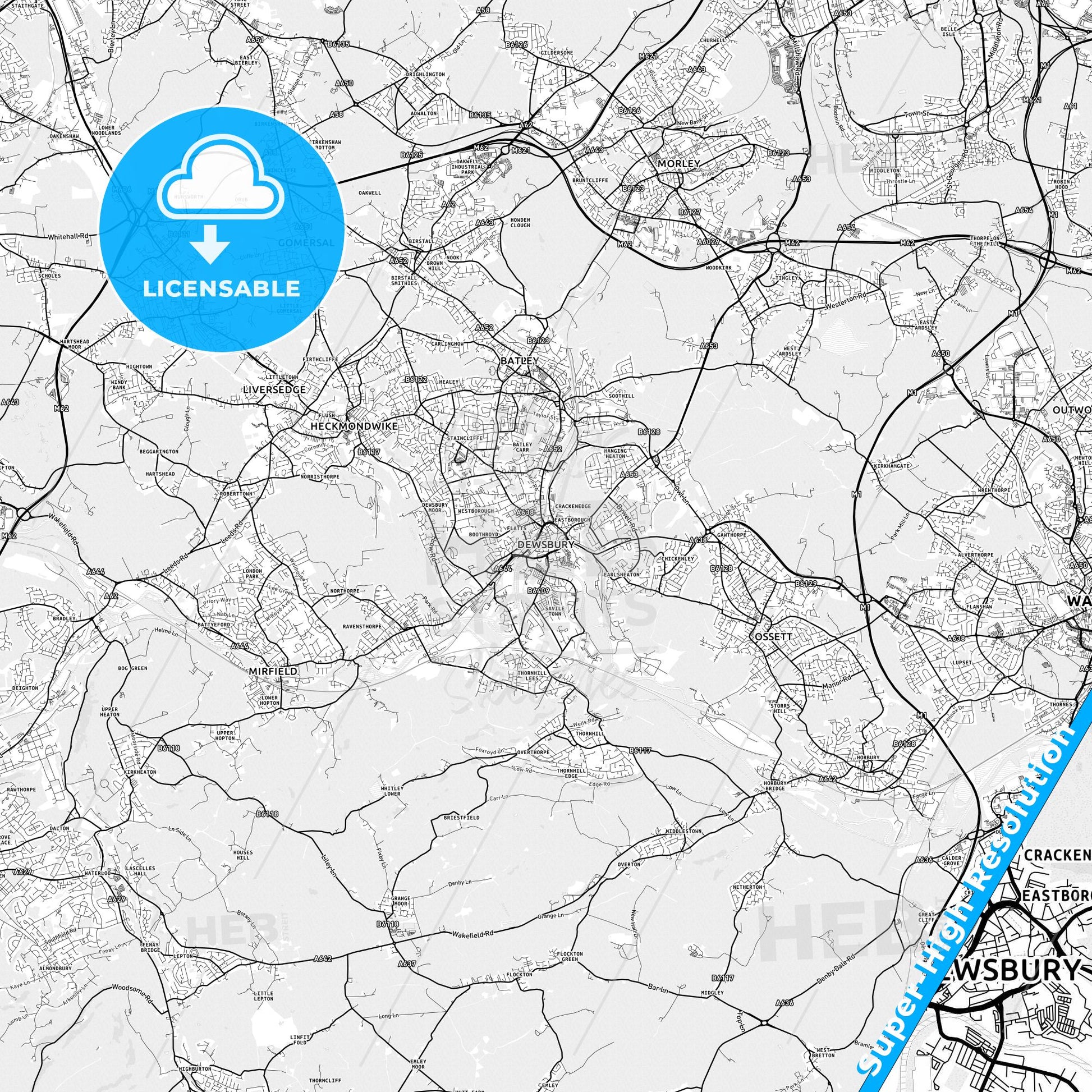 Dewsbury, England light map with streetnames, citynames and districts