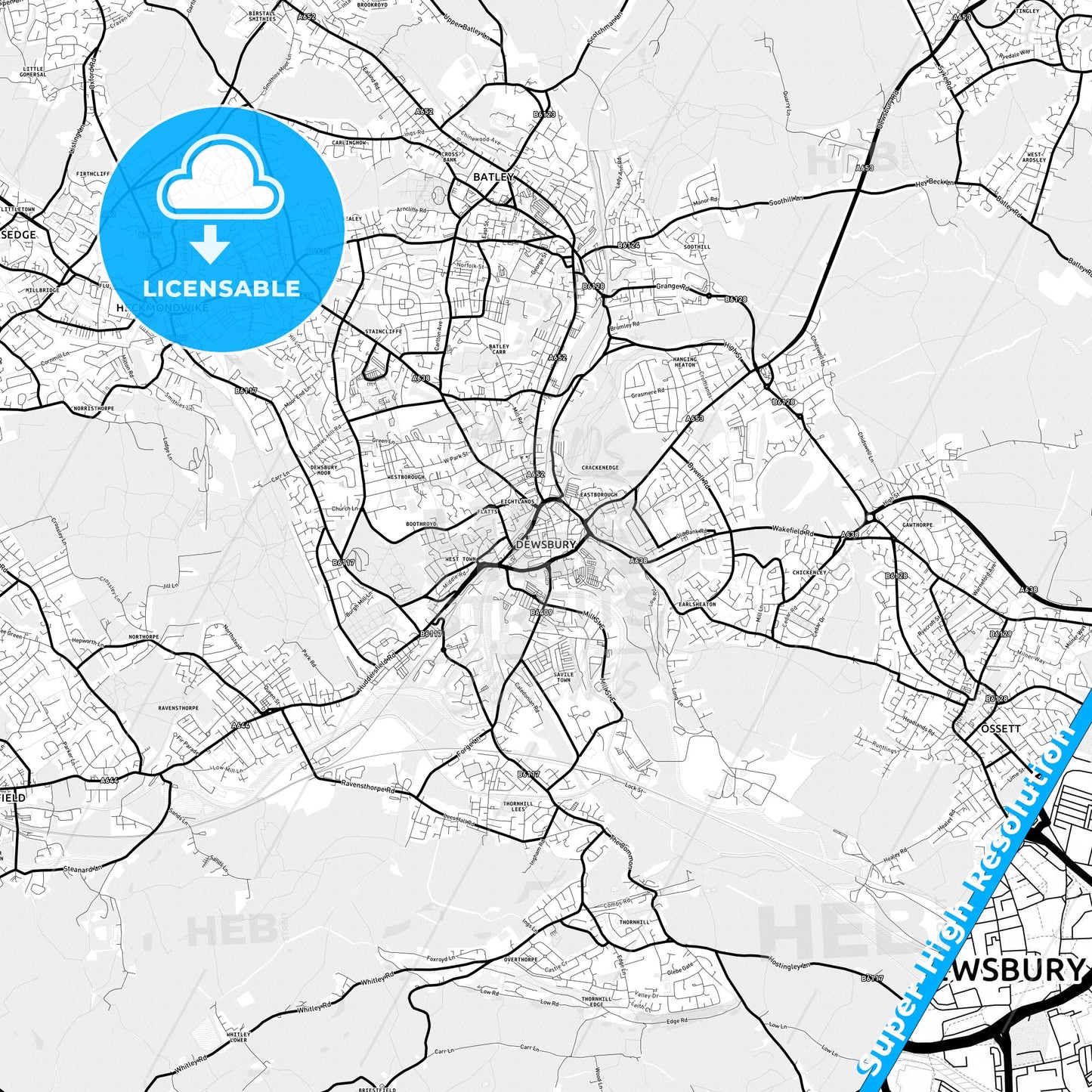 Dewsbury, England Light Map with Street Names, City Names, and Districts