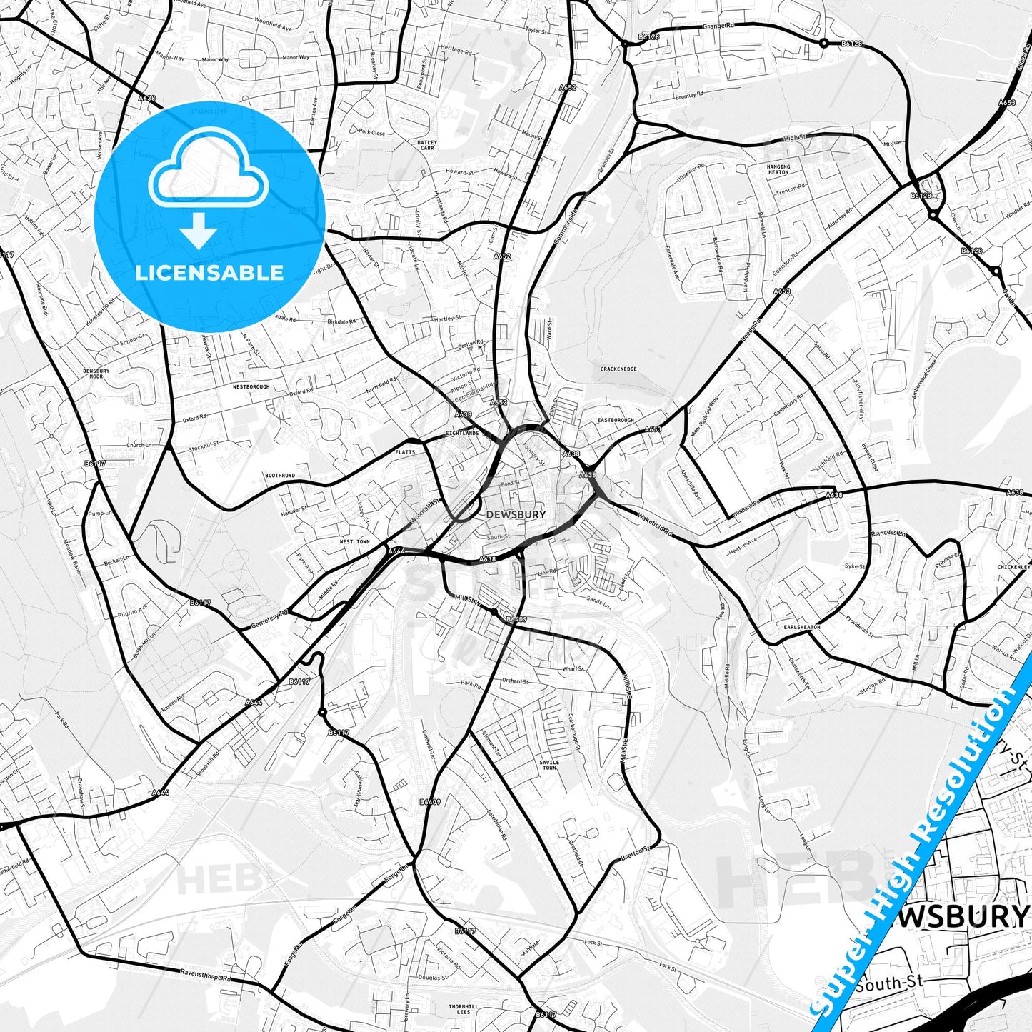 Dewsbury, England Light Map with Street Names, City Names, and Districts