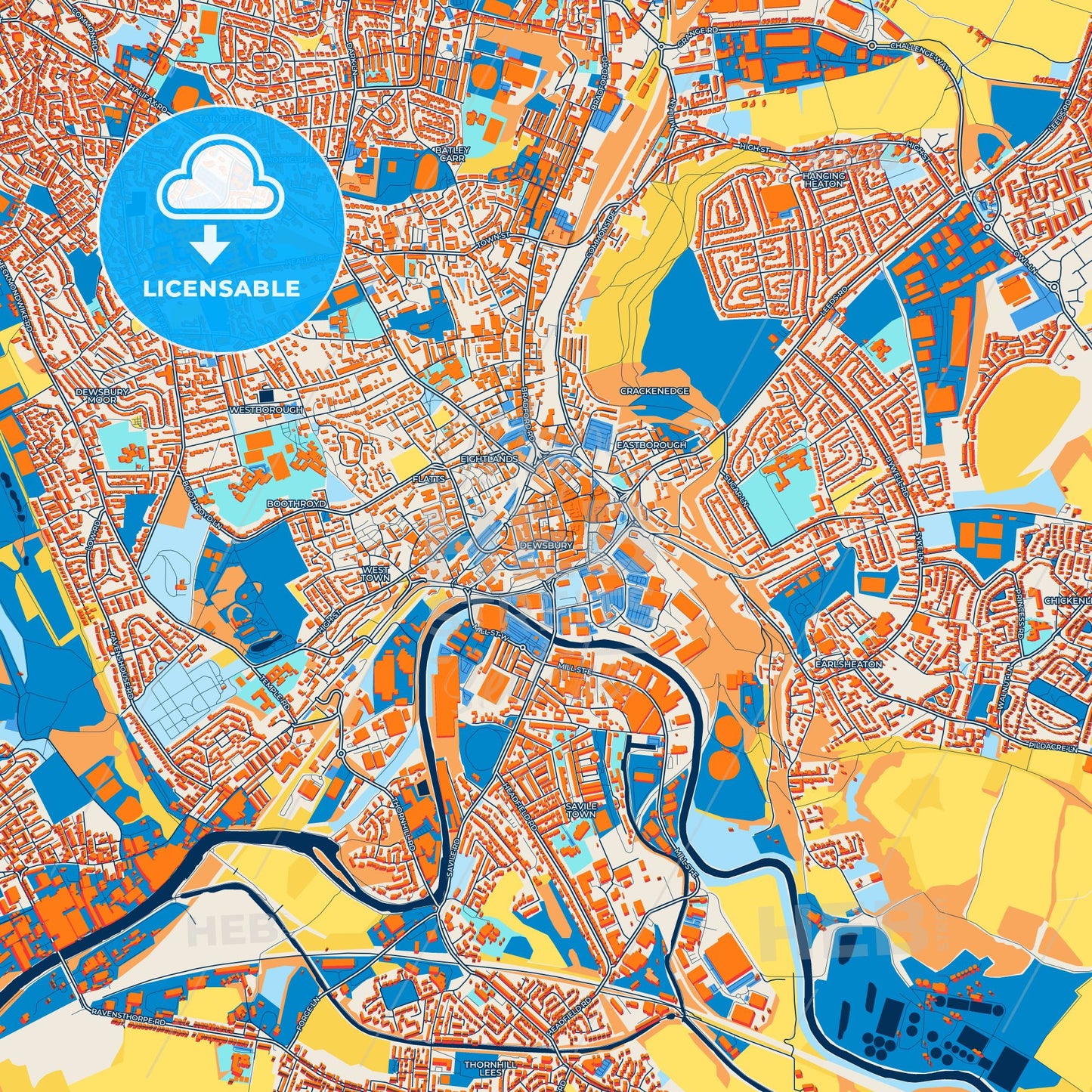 Colorful Dewsbury Street Map with Labels and Buildings