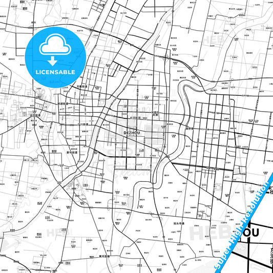 Dezhou, China light map with streetnames, citynames and districts