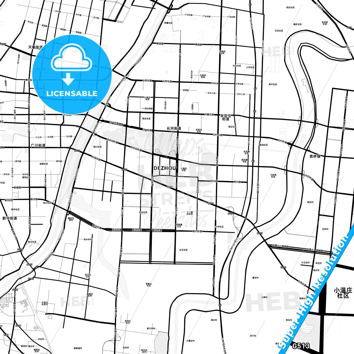 Dezhou, China Light Map with Street Names, City Names, and Districts