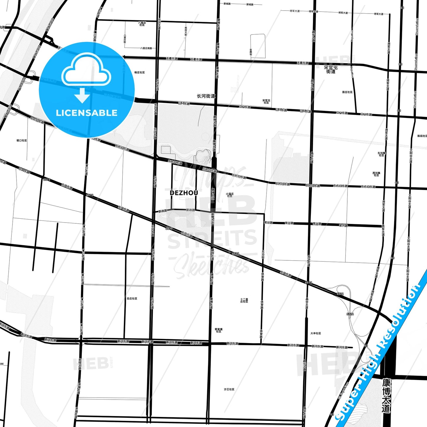 Dezhou, China Light Map with Street Names, City Names, and Districts