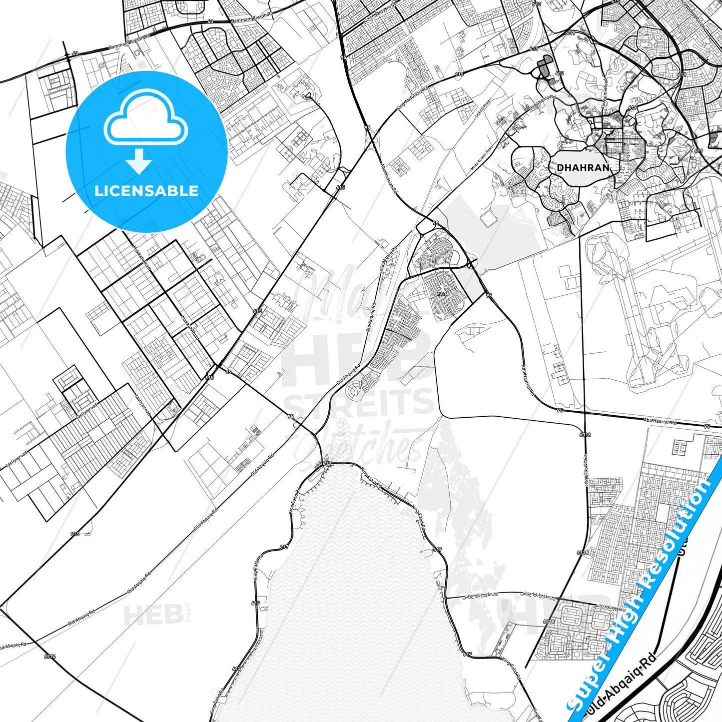 Dhahran, Saudi Arabia light map with streetnames, citynames and districts
