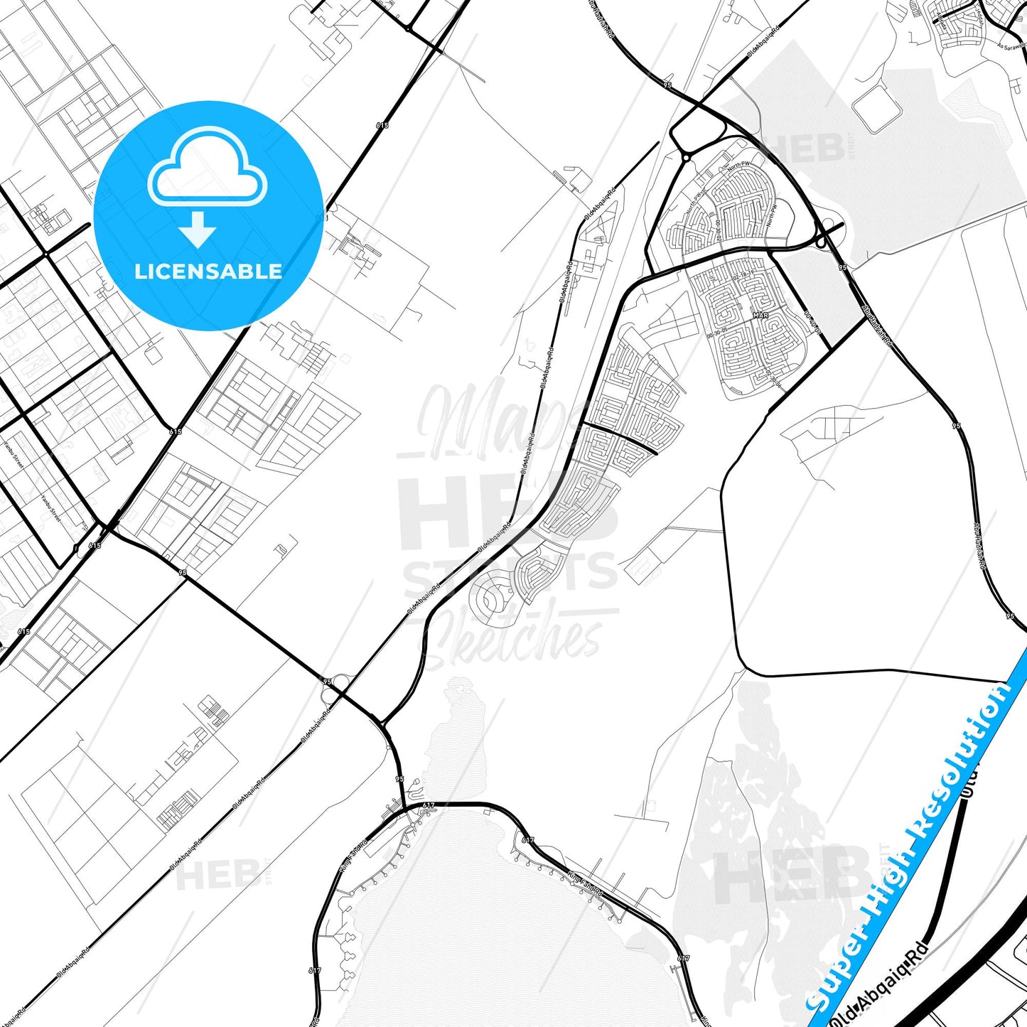 Dhahran, Saudi Arabia Light Map with Street Names, City Names, and Districts