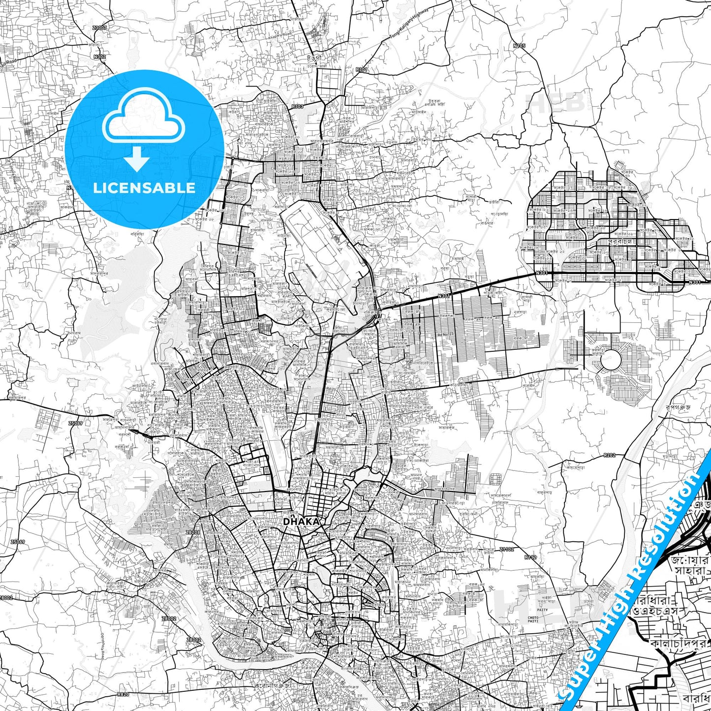 Dhaka, Bangladesh light map with streetnames, citynames and districts