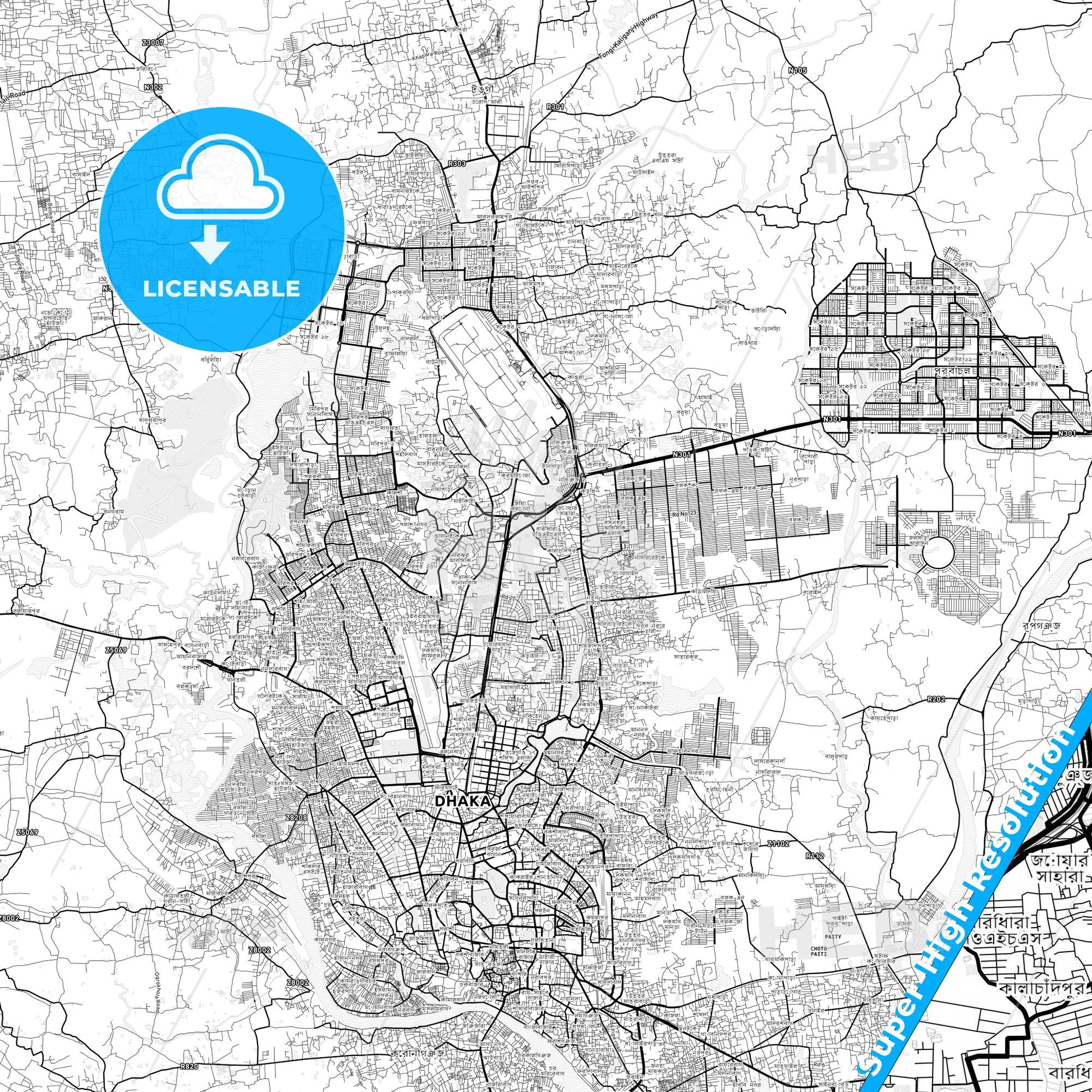 Dhaka, Bangladesh light map with streetnames, citynames and districts