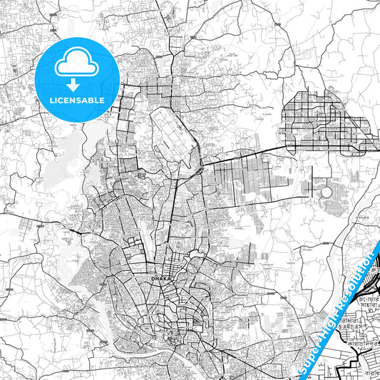 Dhaka, Bangladesh light map with streetnames, citynames and districts
