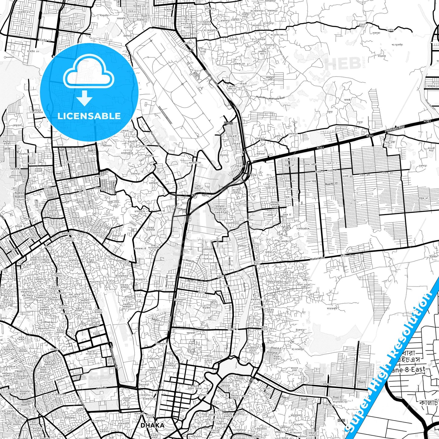 Dhaka, Bangladesh Light Map with Street Names, City Names, and Districts